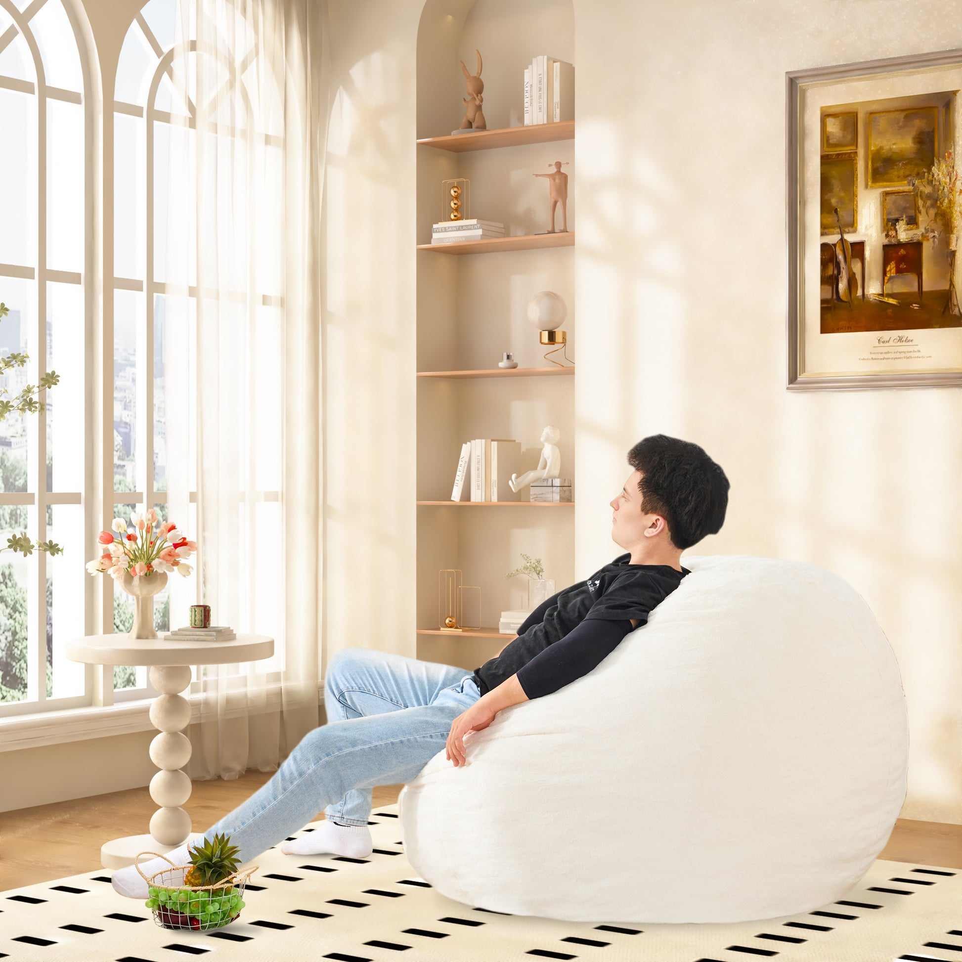 Plush white faux fur bean bag chair oversized and comfortable seating solution