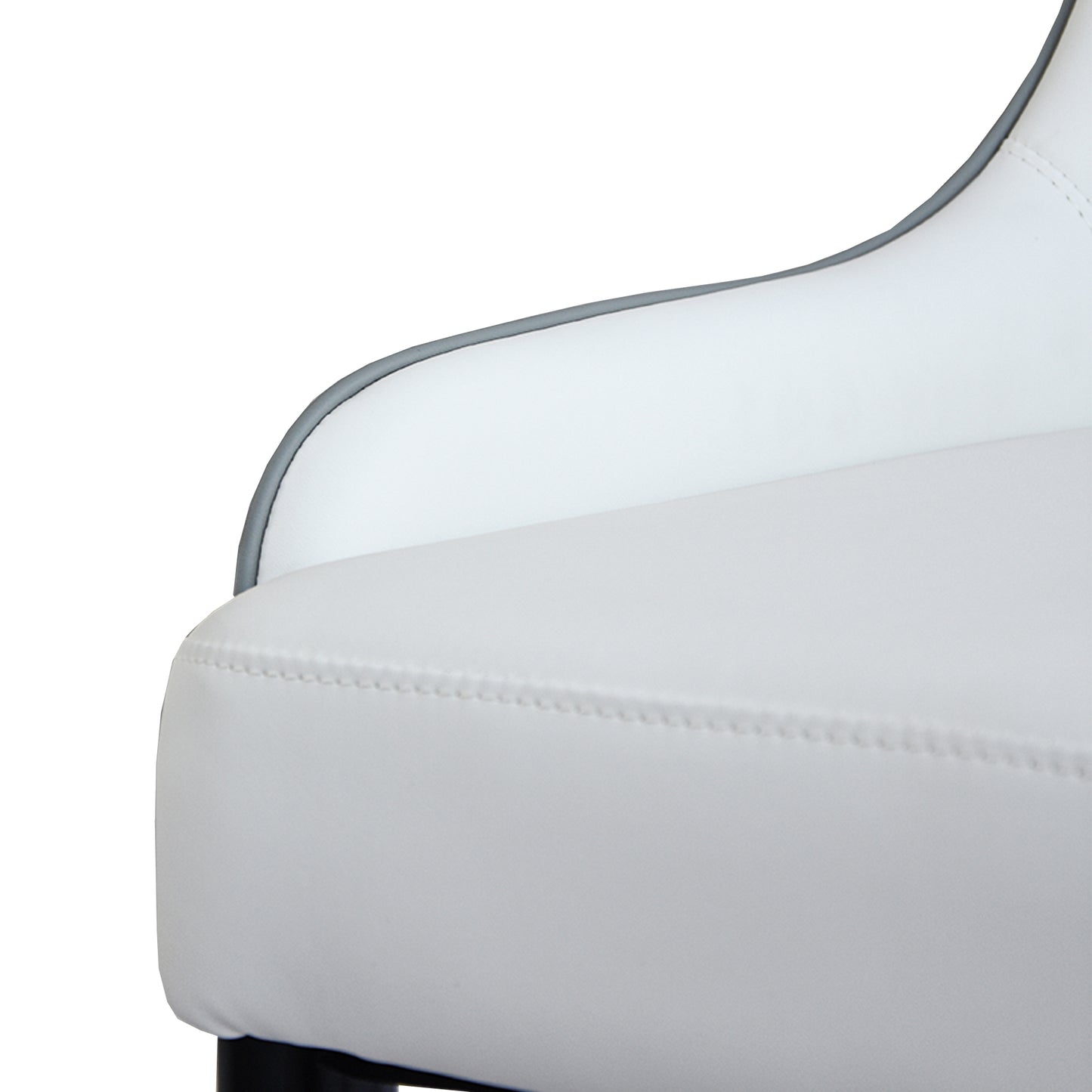 White faux leather bar stool seat with grey trim and visible stitching