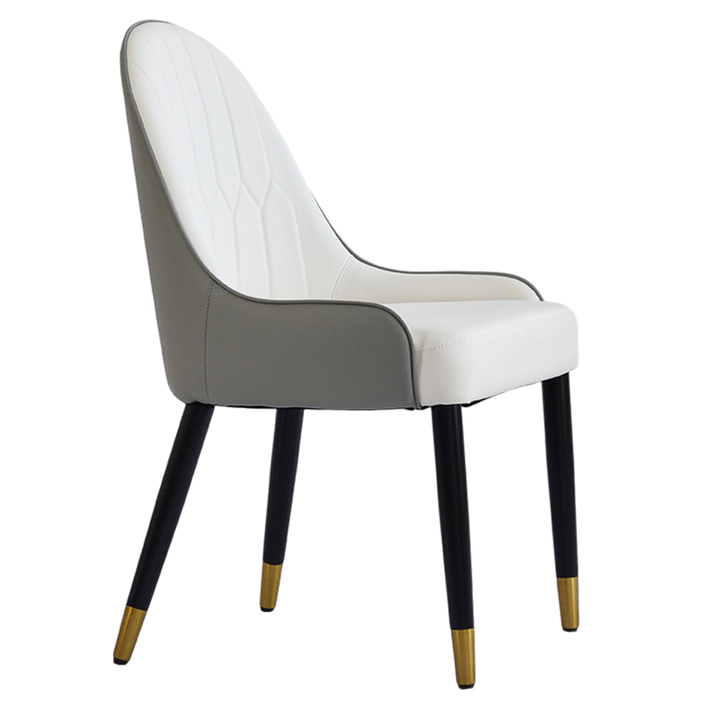 White and grey upholstered modern dining chair with black tapered legs and gold accents