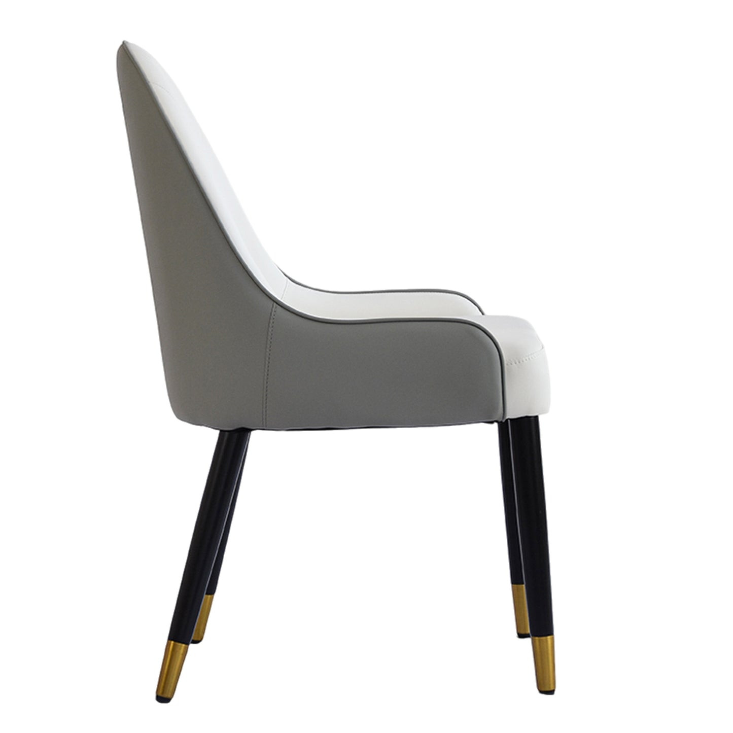 Modern dining chair with dualtone upholstery in grey and white black legs and gold accents