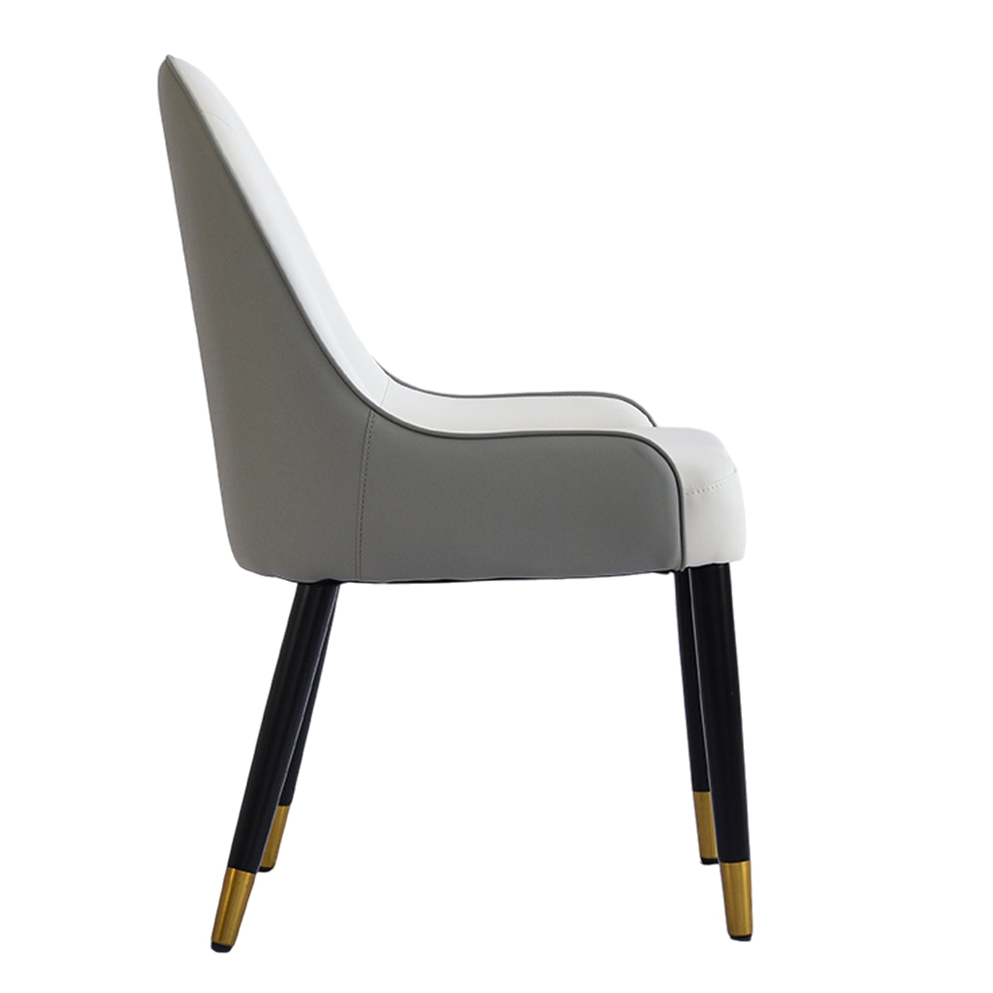 Modern dining chair with dualtone upholstery in grey and white black legs and gold accents