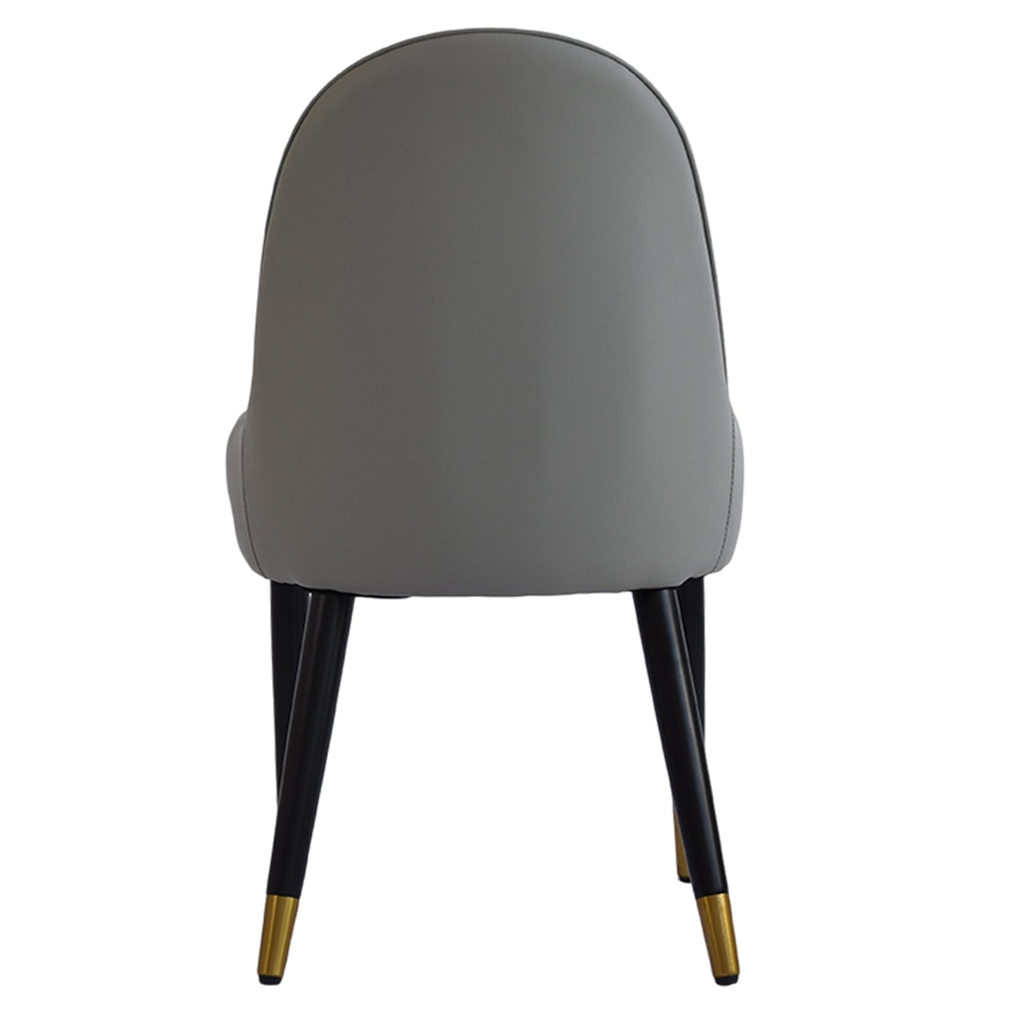 Gray upholstered dining chair with black legs and gold accents