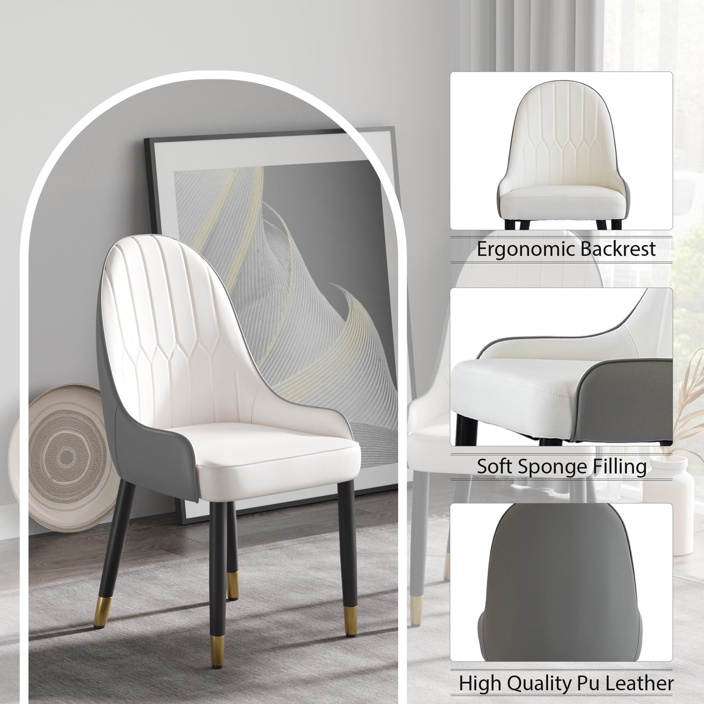 Modern dining chair with white and gray PU leather and goldtipped black legs