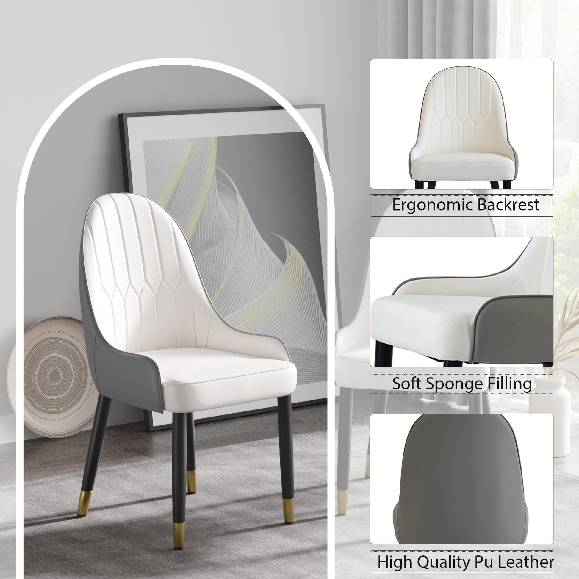 Modern dining chair with white and gray PU leather and goldtipped black legs