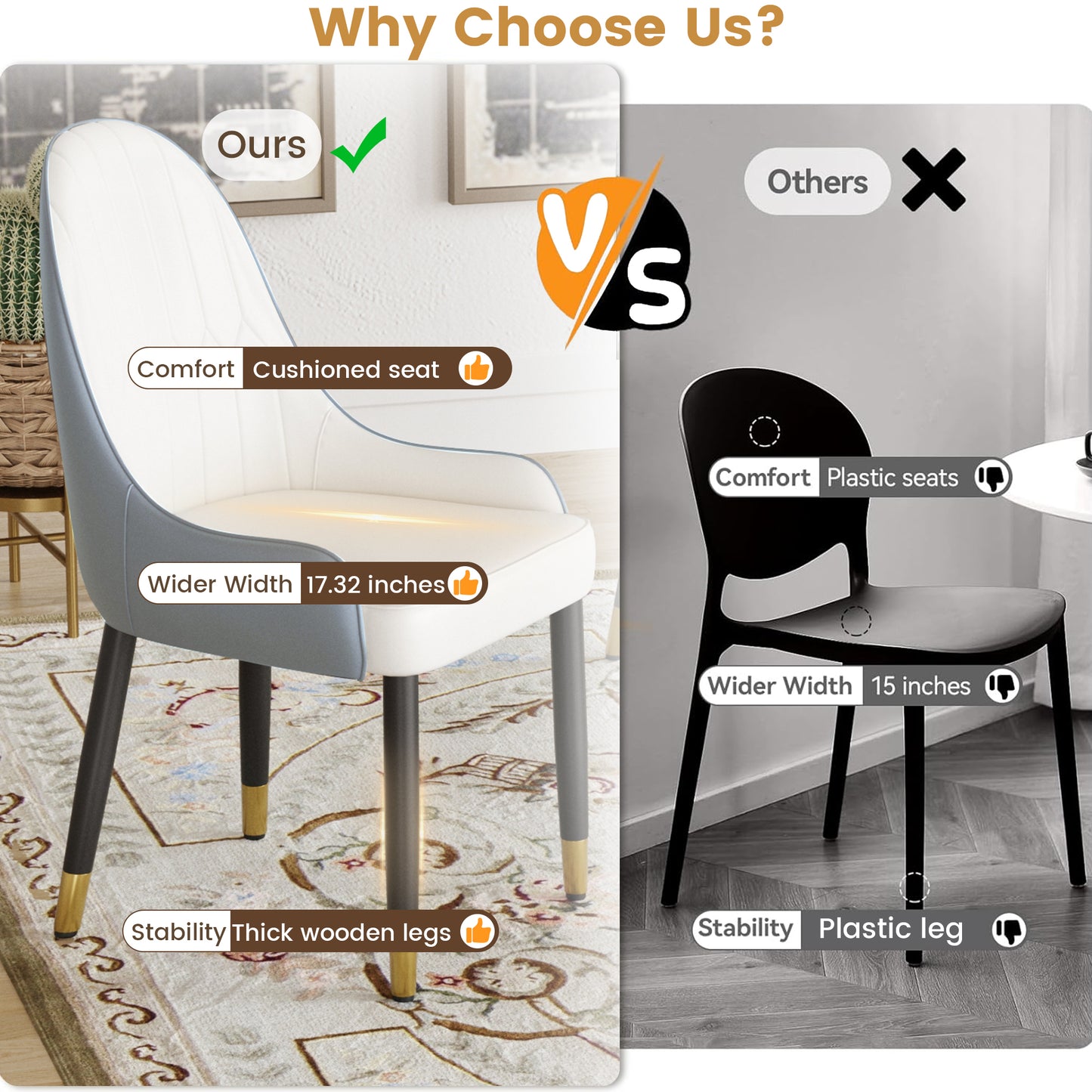 White and grey cushioned dining chair with thick wooden legs for stability