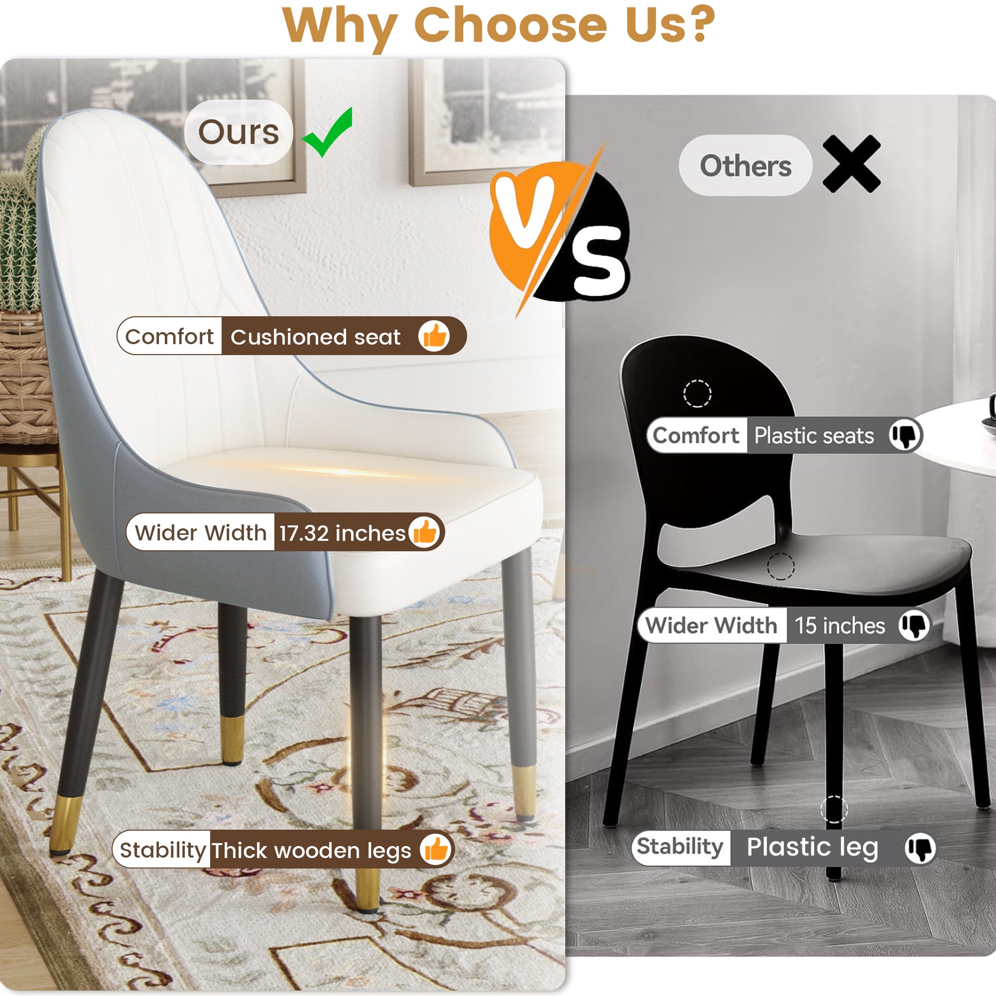 White and grey cushioned dining chair with thick wooden legs for stability