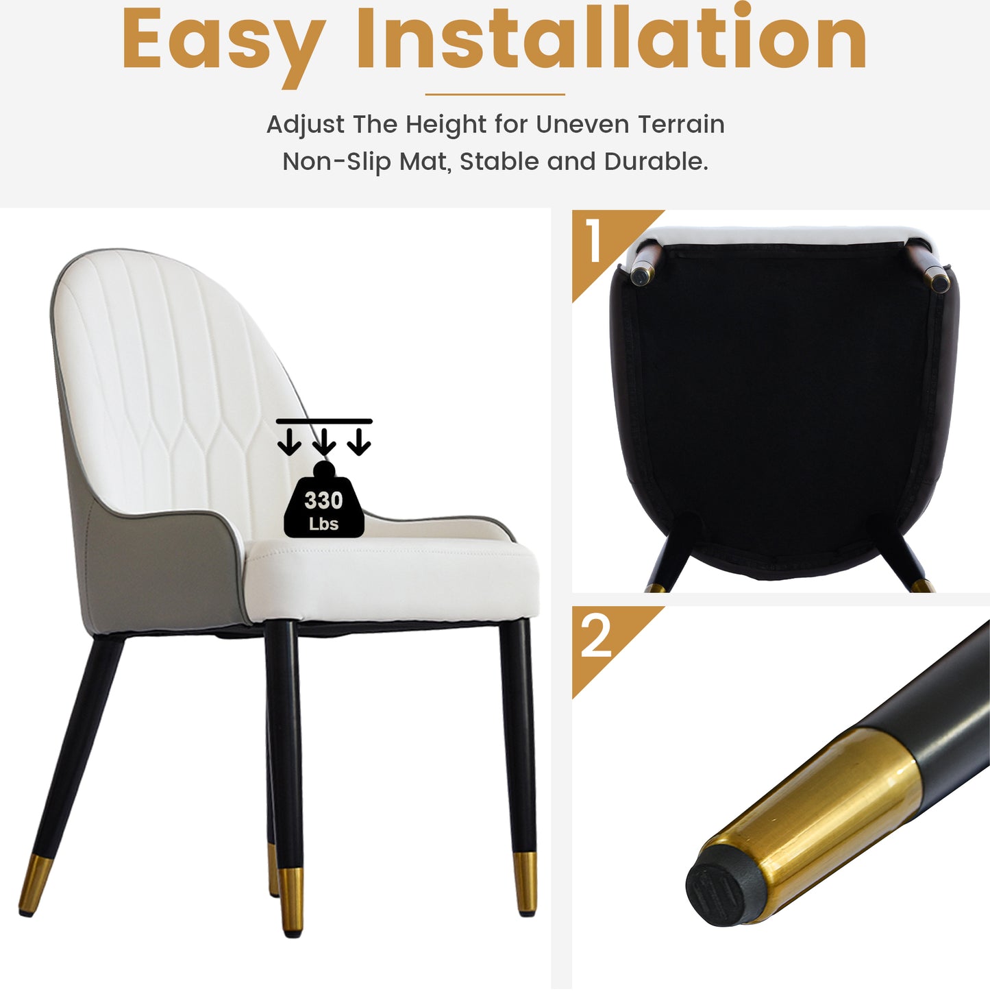 White and gray upholstered dining chair with black and gold legs