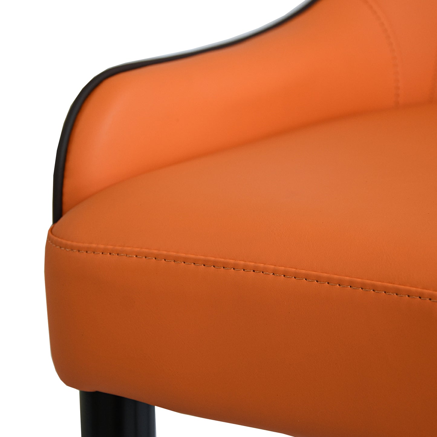 Orange faux leather chair seat with black trim and detailed stitching