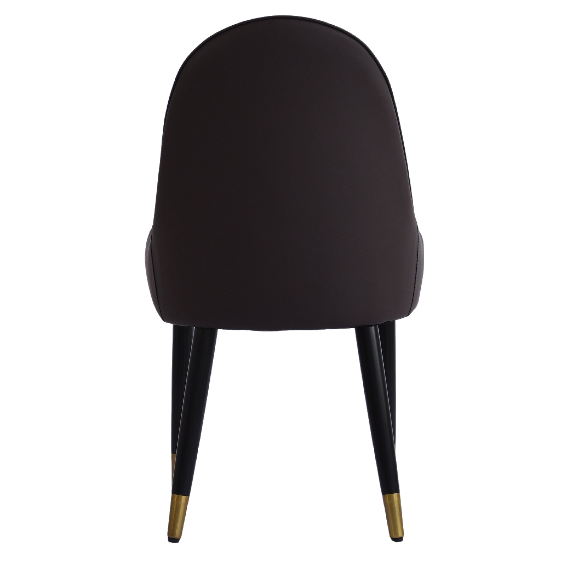 Dark brown upholstered dining chair with black legs and gold accents