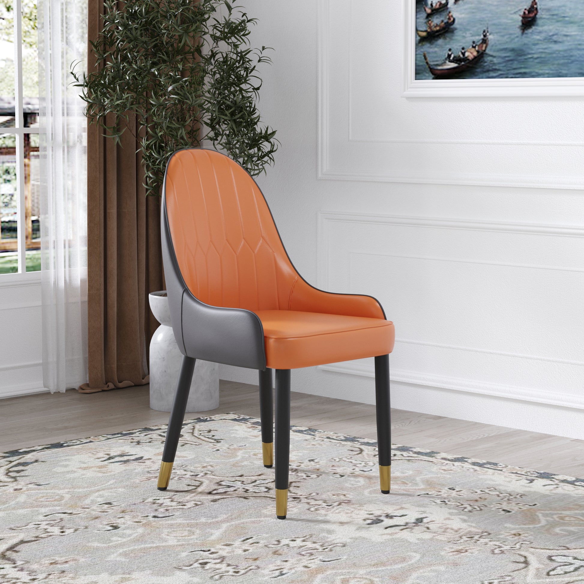 Orange upholstered dining chair with diamond stitch back and black legs