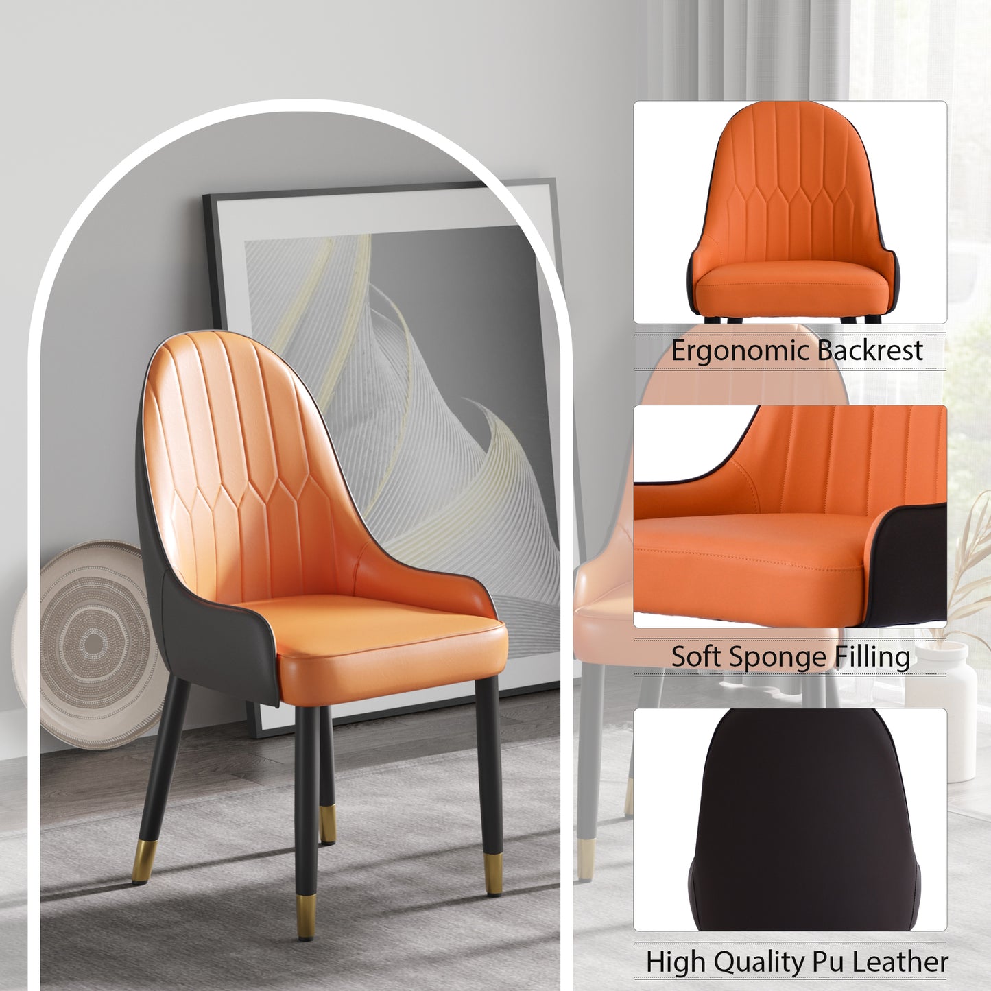 Orange modern dining chair with black legs and gold accents
