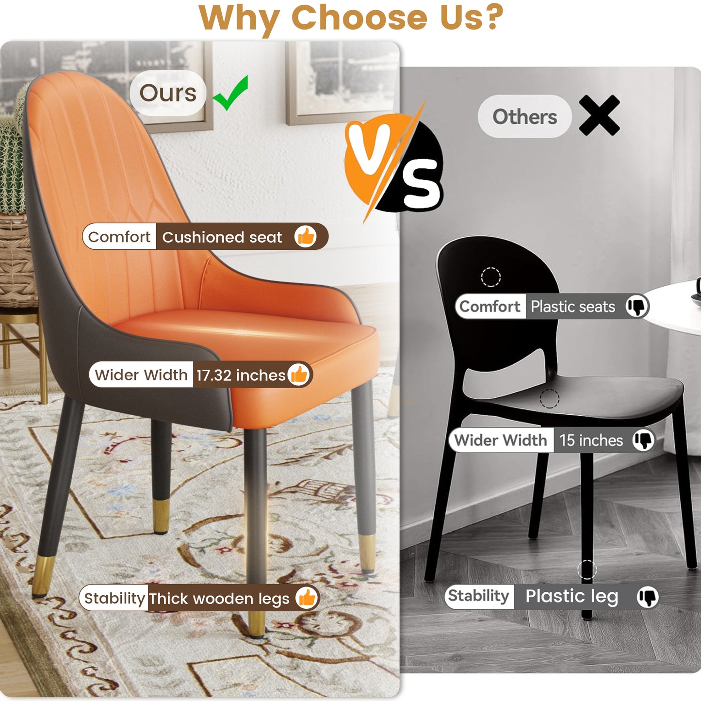 Orange upholstered dining chair with plush cushioning and wider seat for comfort