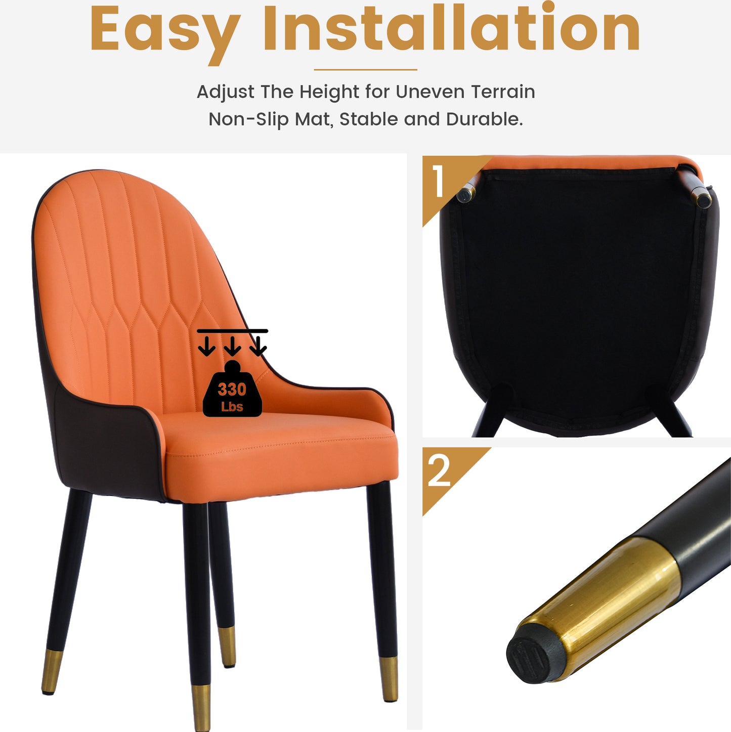 Orange upholstered accent chair with black trim goldtipped legs and  lbs weight capacity