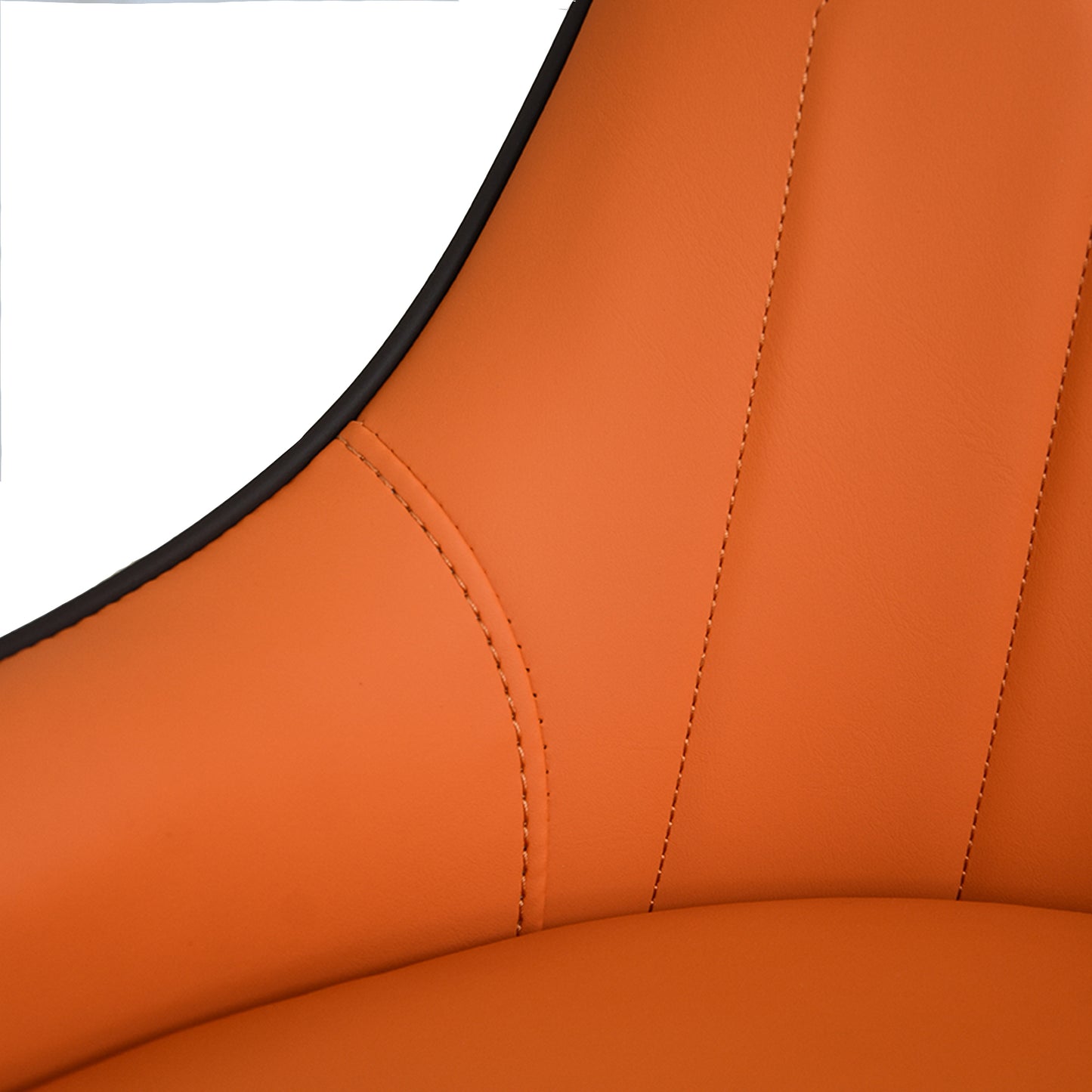 Closeup of vibrant orange faux leather upholstery with detailed stitching for accent chairs