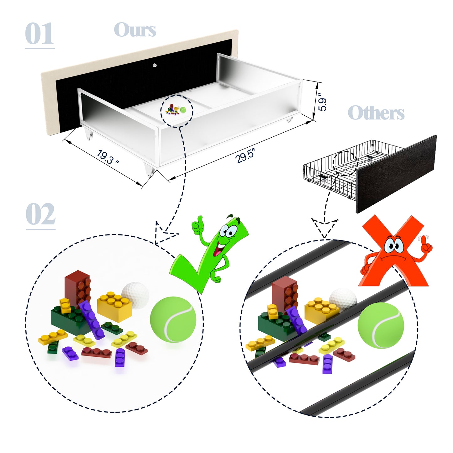 Underbed storage drawer with upholstered headboard
