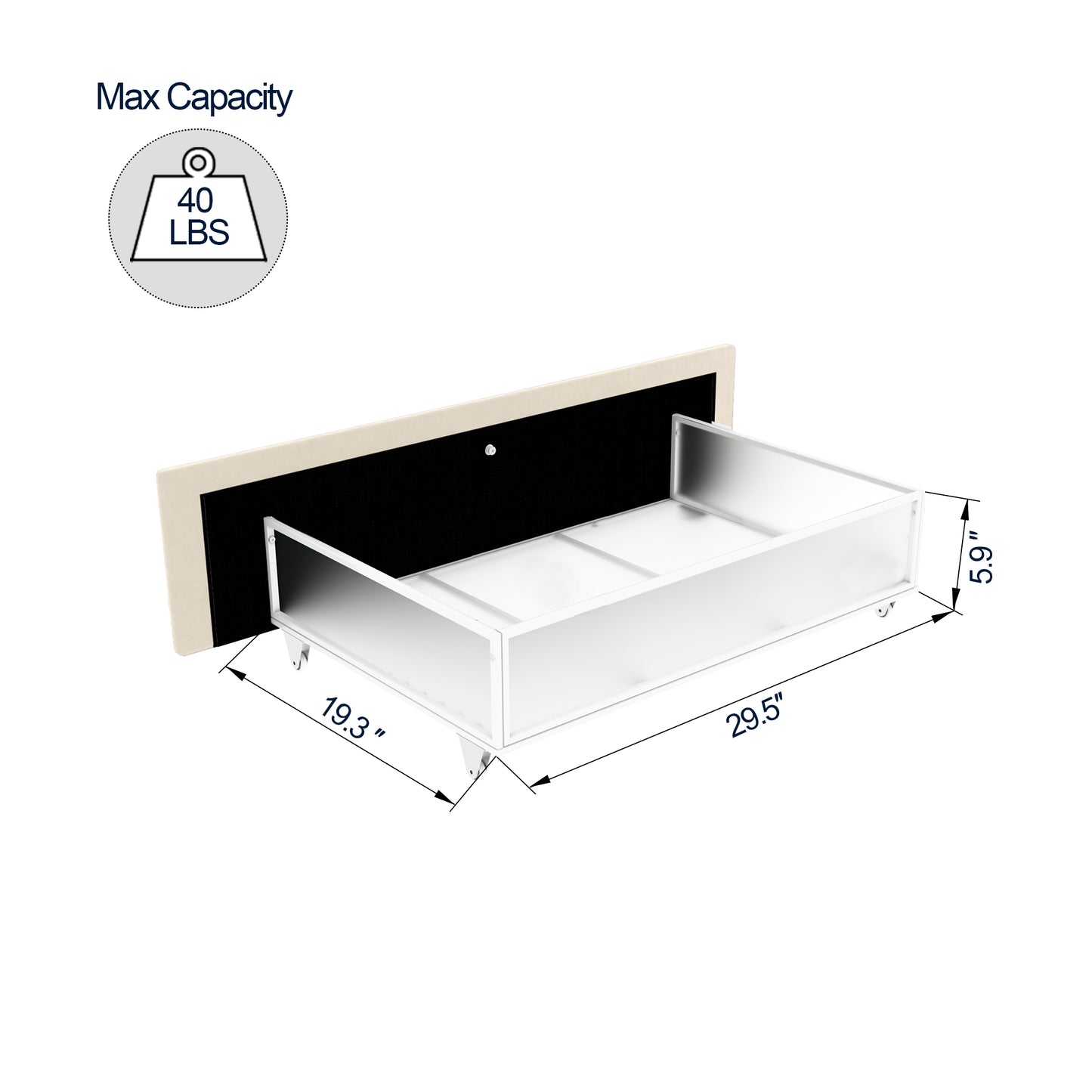 White floating shelf with visible dimensions  x  x  and  lbs max capacity