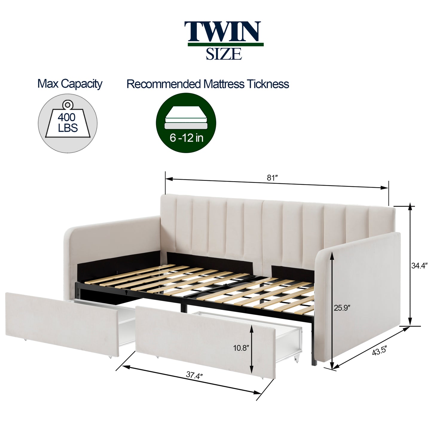 Cream twin daybed with upholstered frame and two storage drawers