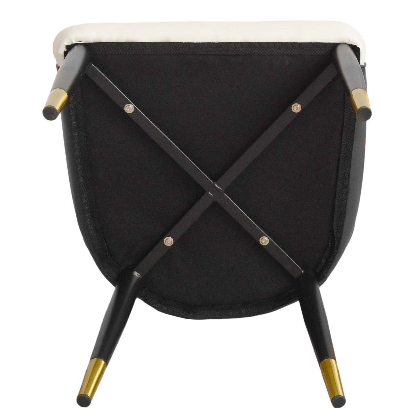 Black upholstered dining chair underside with goldtipped black legs and crisscross support