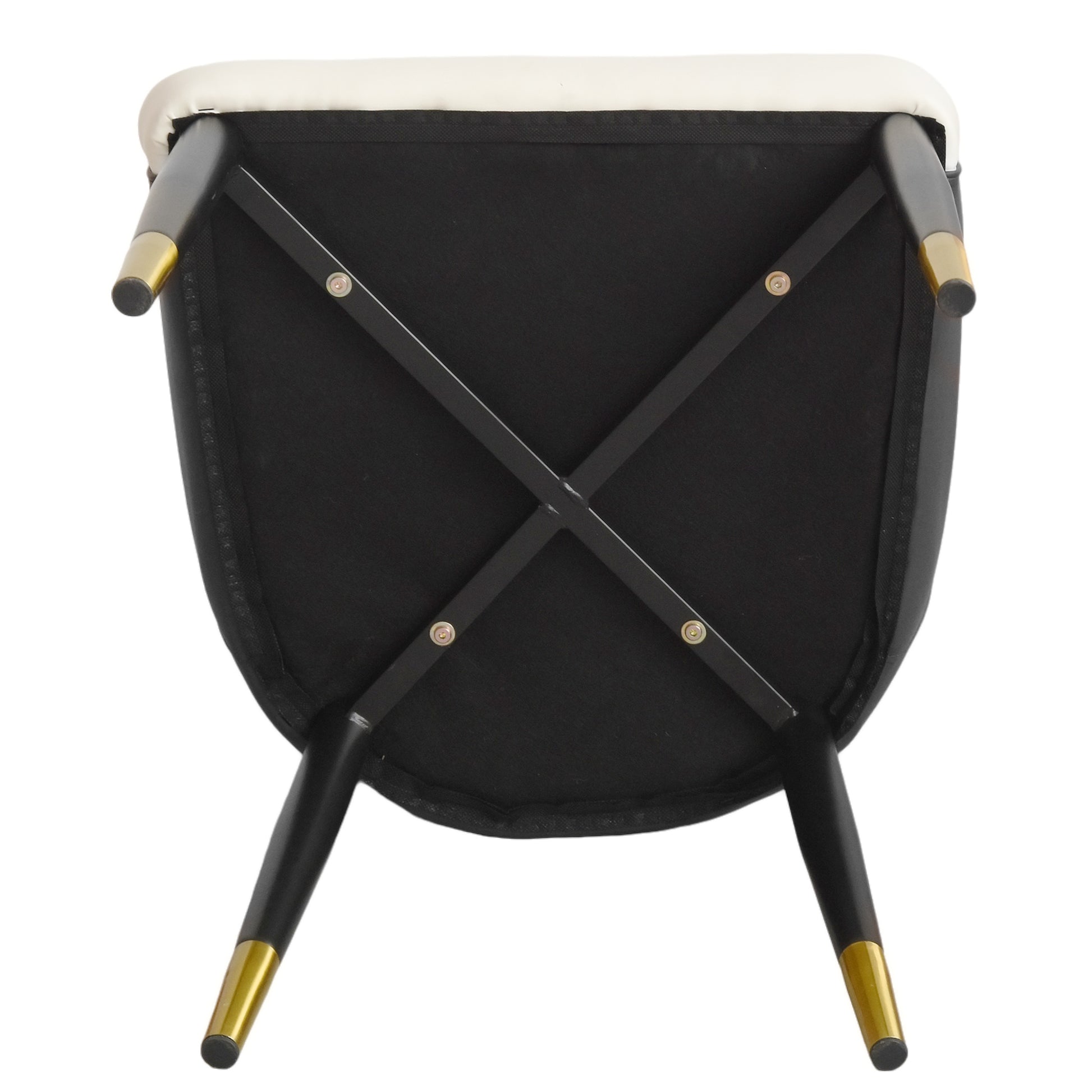 Black upholstered dining chair underside with goldtipped black legs and crisscross support