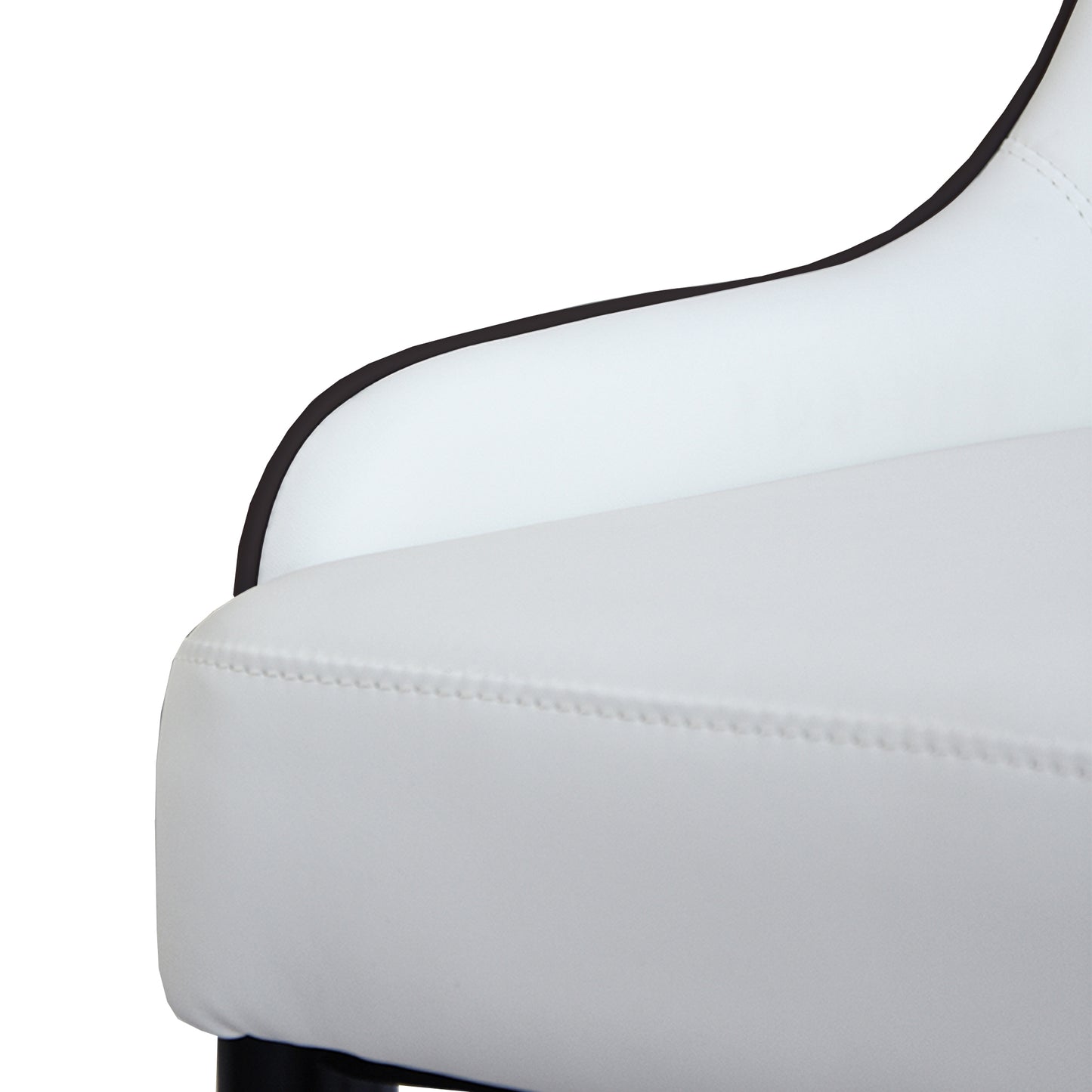 Closeup of a white faux leather gaming chair seat with black trim detail