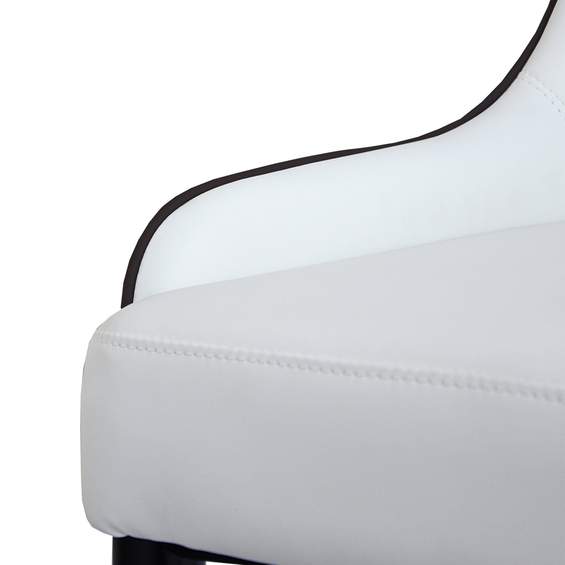 Closeup of a white faux leather gaming chair seat with black trim detail