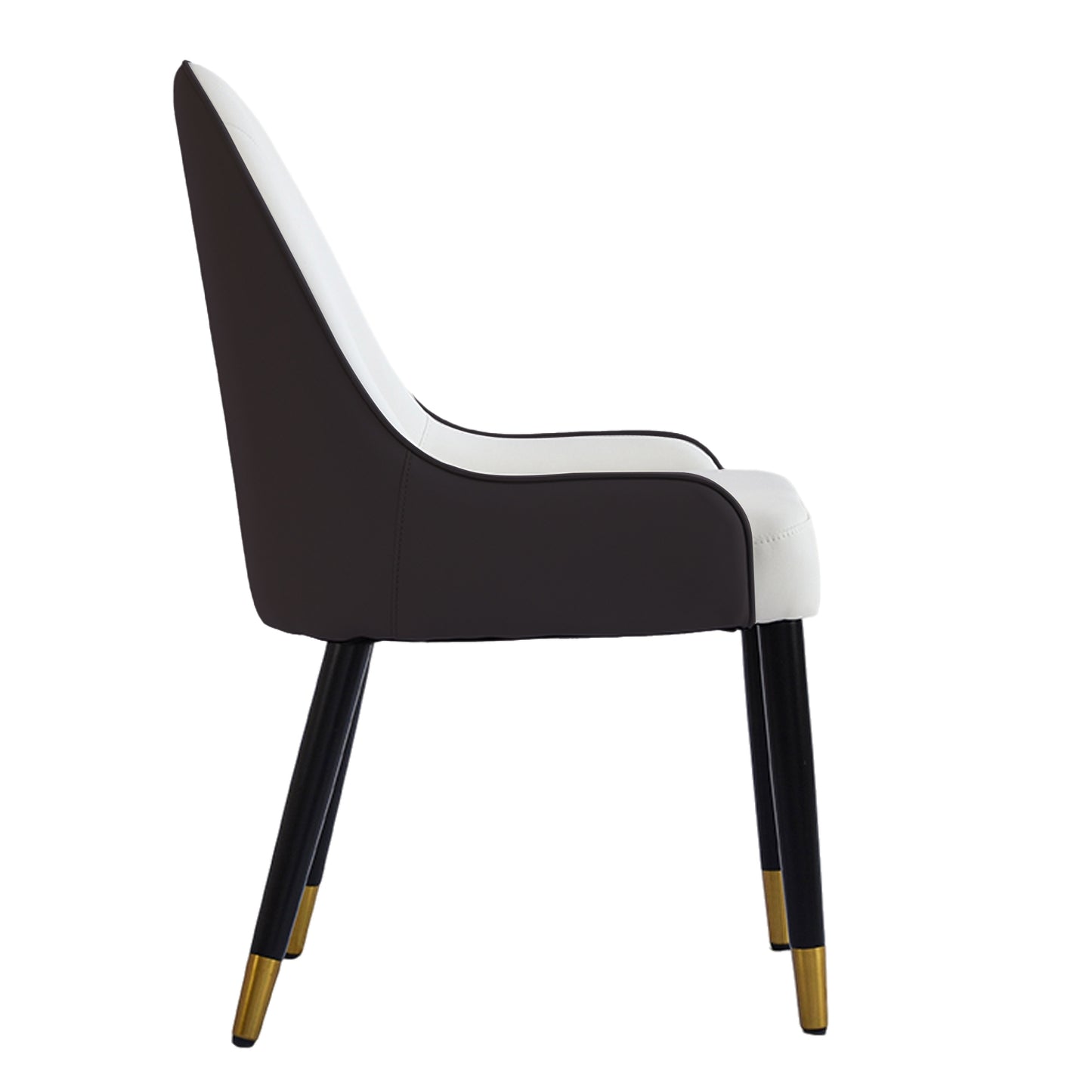 Modern dining chair in twotone faux leather featuring a white seat and dark brown backrest with goldtipped black legs