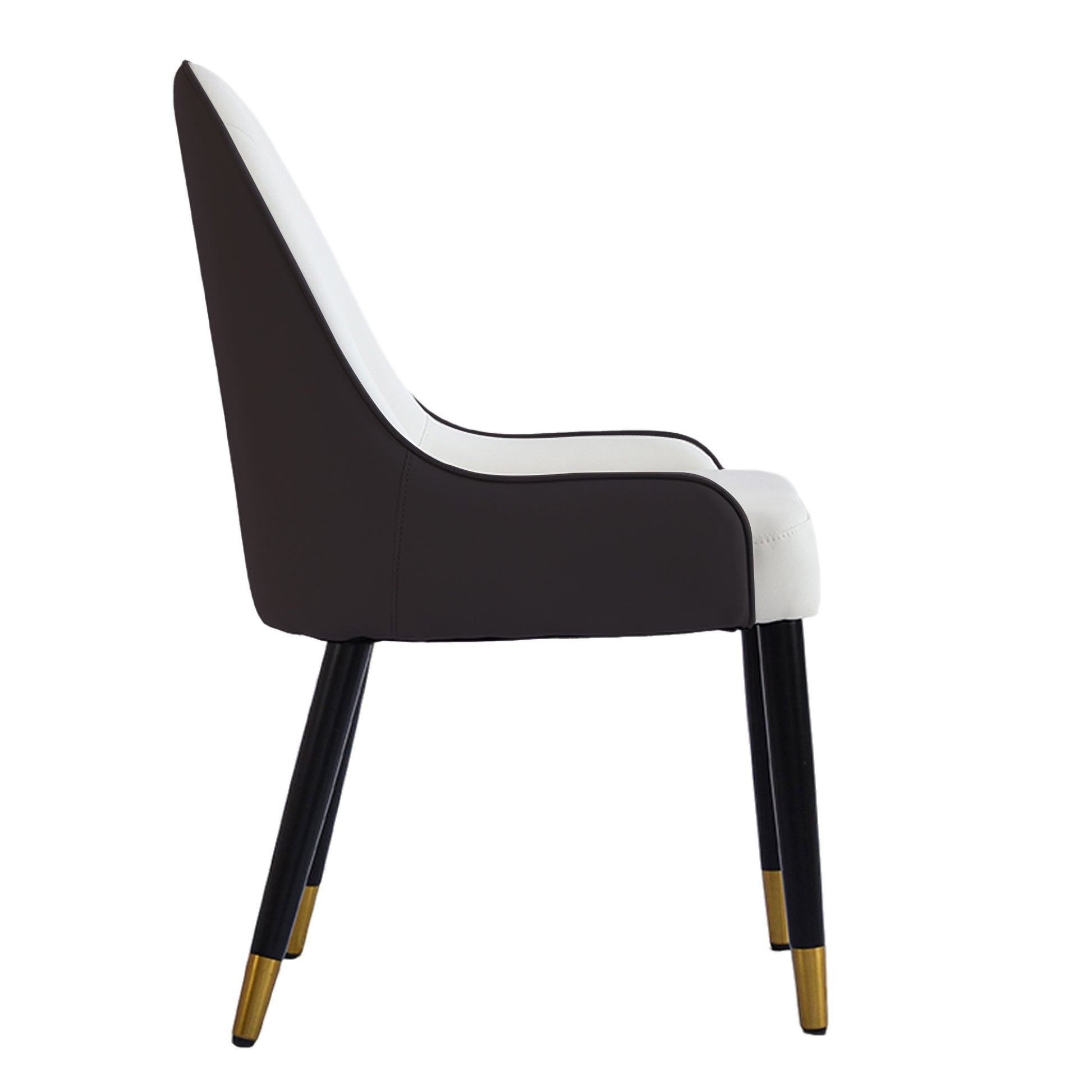 Modern dining chair in twotone faux leather featuring a white seat and dark brown backrest with goldtipped black legs