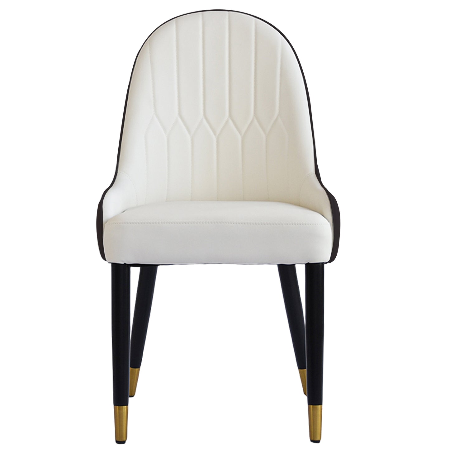White upholstered dining chair with tufted back and goldtipped black legs