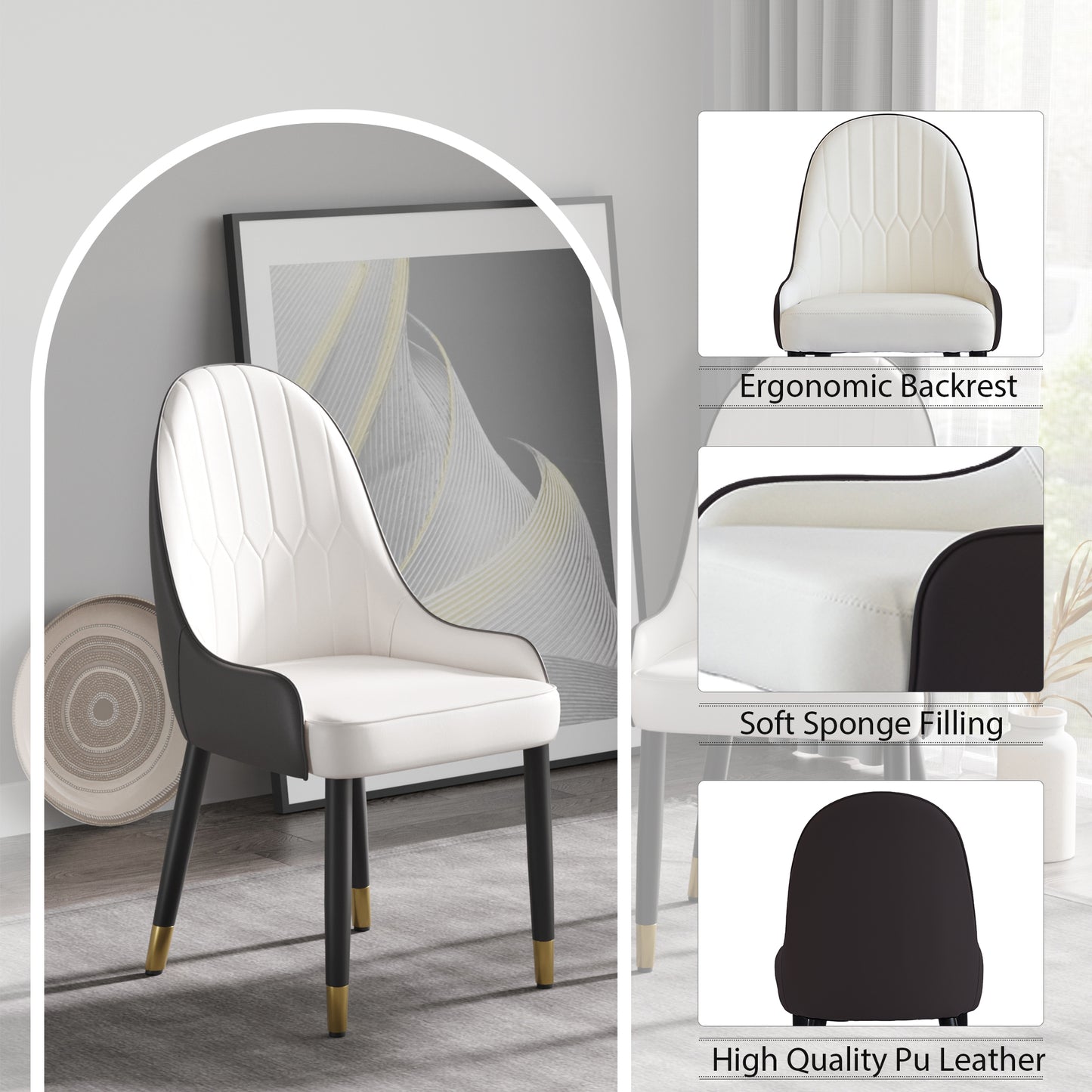 White and black ergonomic dining chair with goldtipped legs modern accent chair