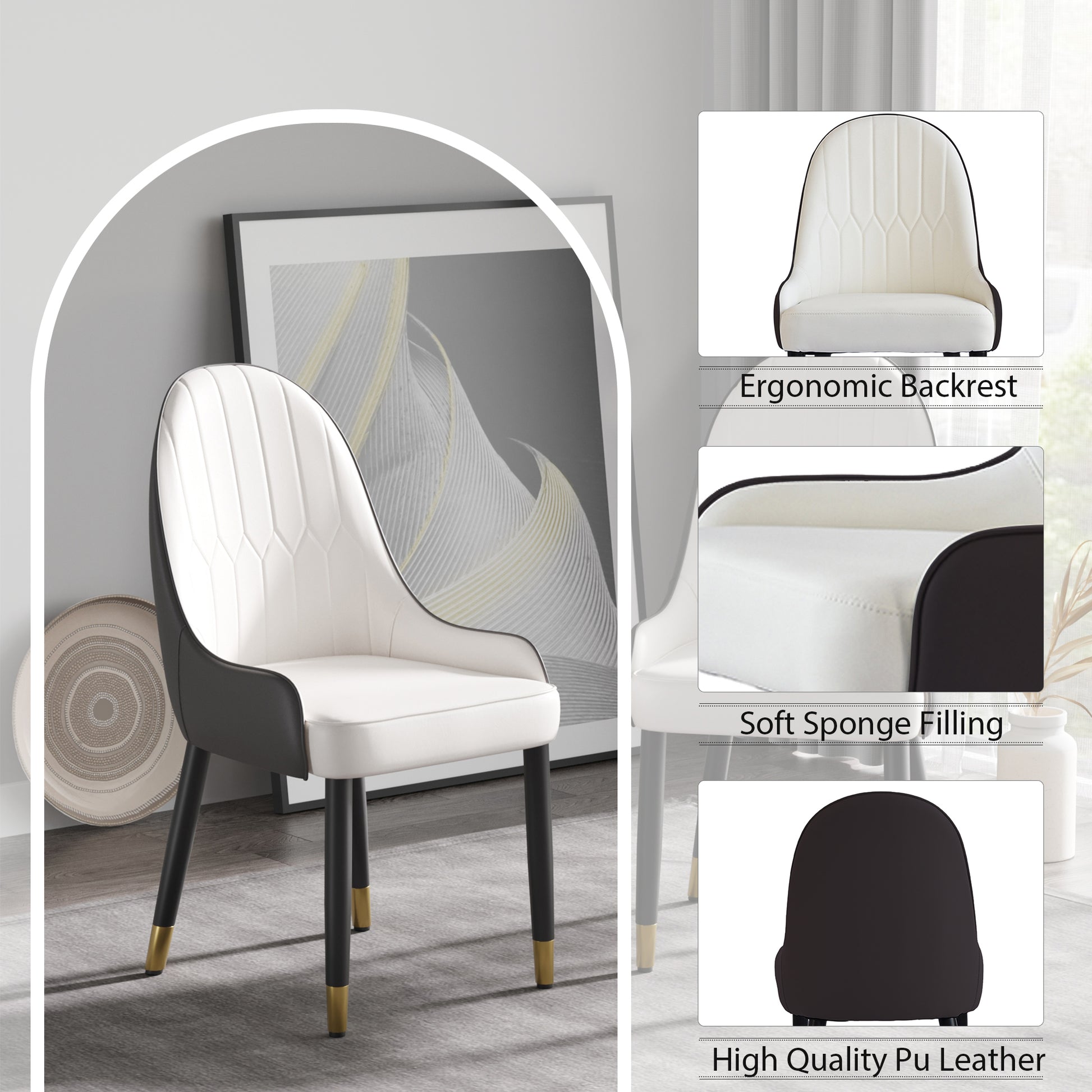 White and black ergonomic dining chair with goldtipped legs modern accent chair