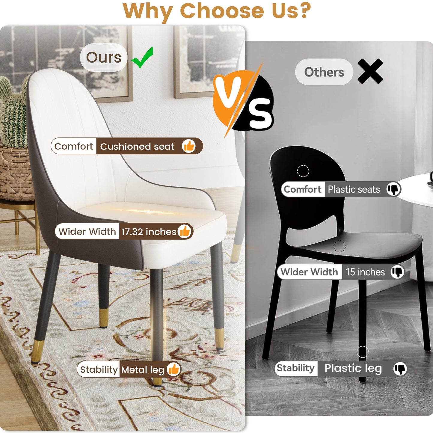 White and gray upholstered dining chair with goldtipped metal legs for comfort