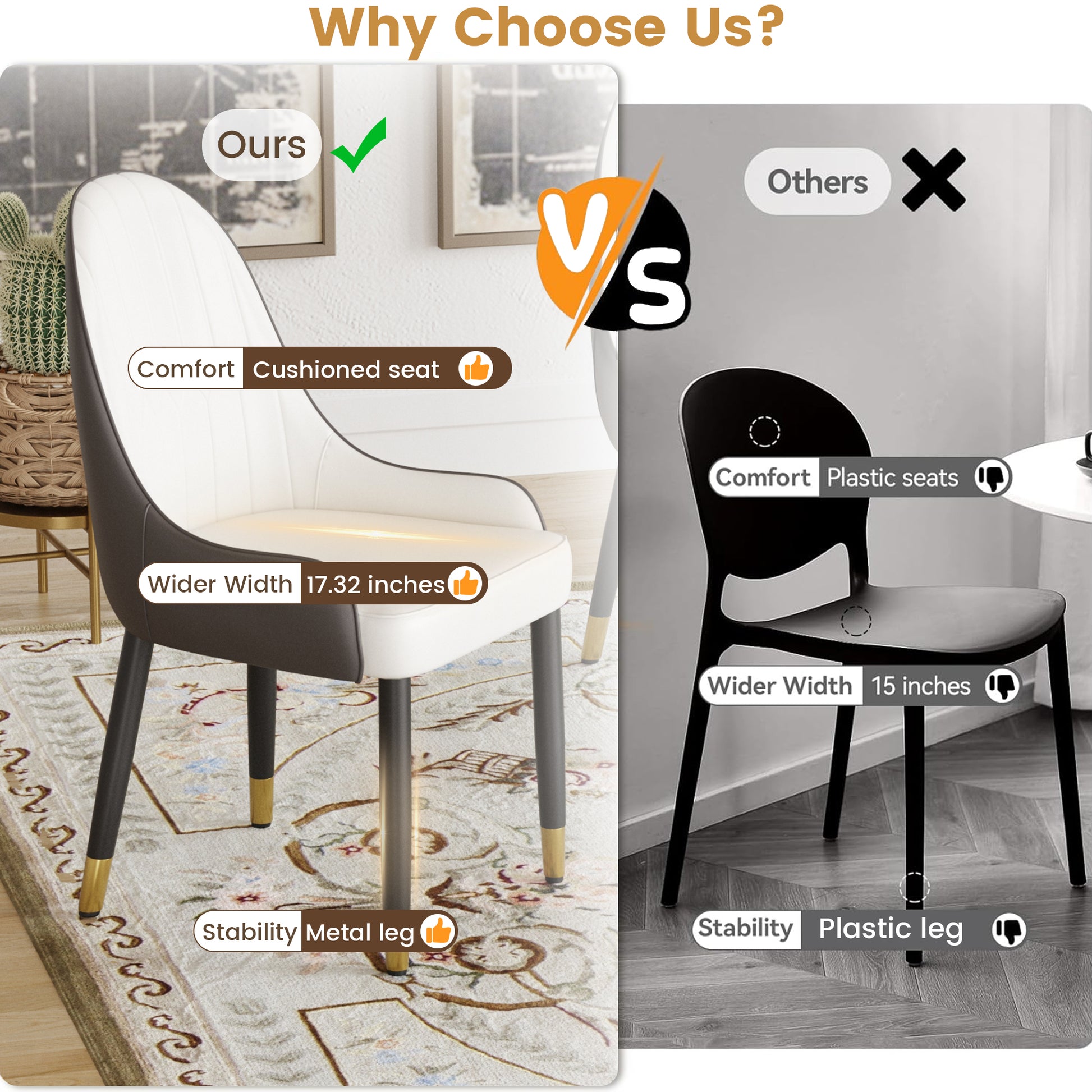 White and gray upholstered dining chair with goldtipped metal legs for comfort
