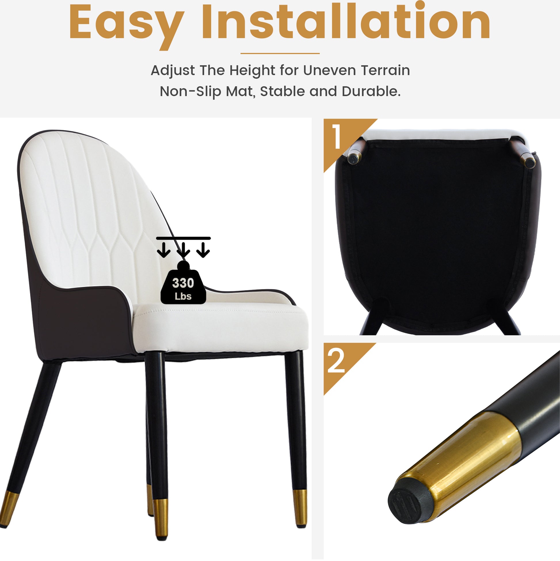 White upholstered dining chair with black accents and goldtipped black legs weight capacity  lbs