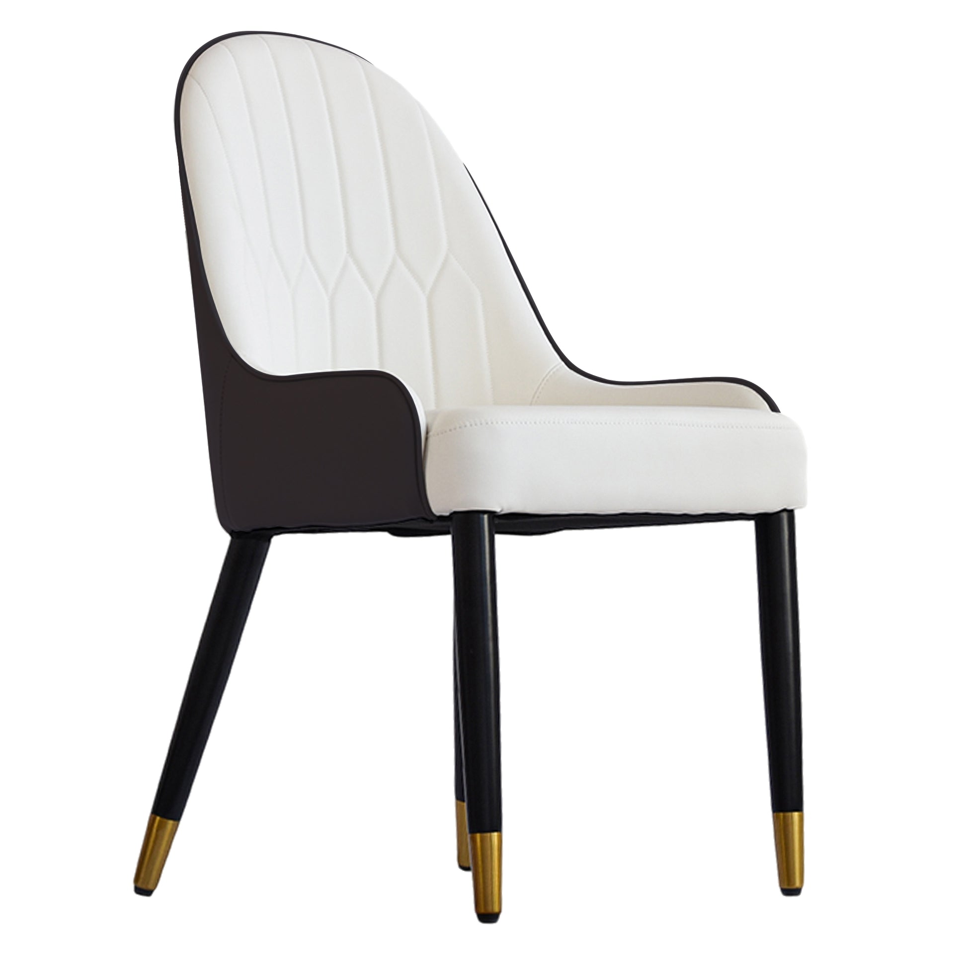 White and black upholstered dining chair with goldtipped black legs