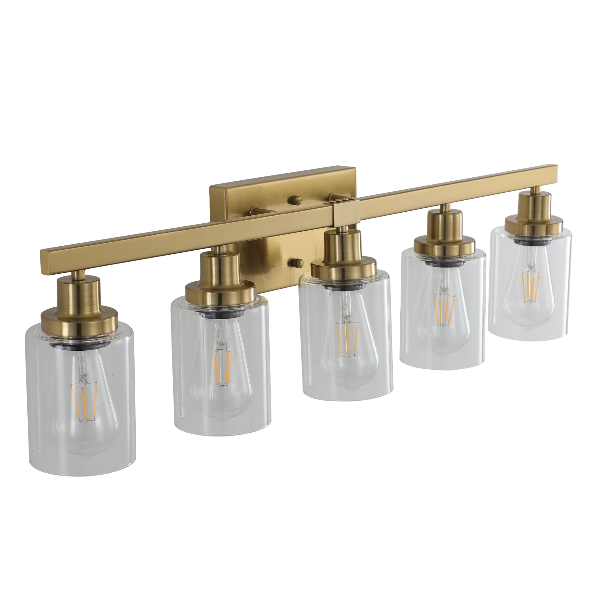 Brushed brass light vanity light with clear glass shades and Edison bulbs