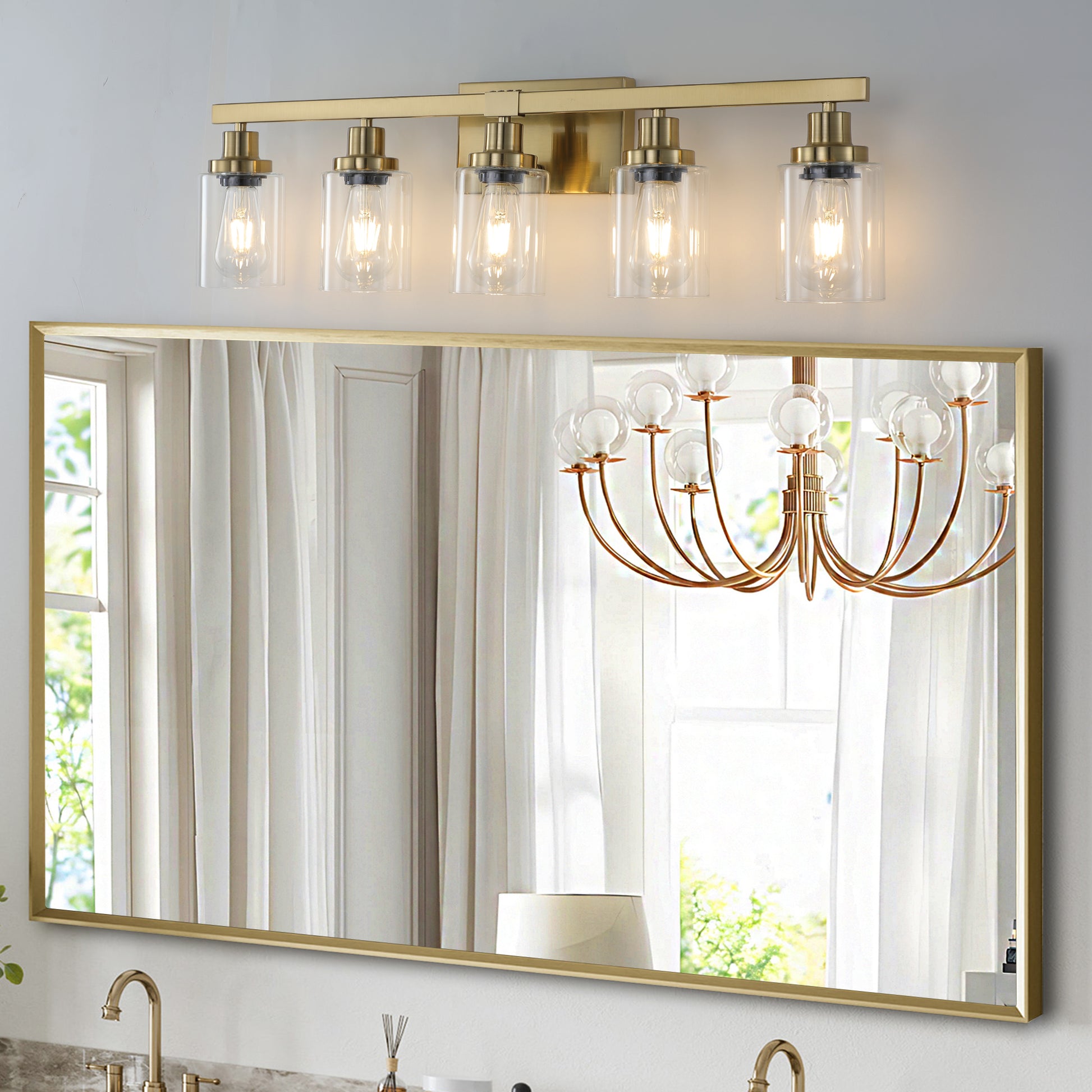 Brushed brass vanity light with five clear glass shades industrial modern design