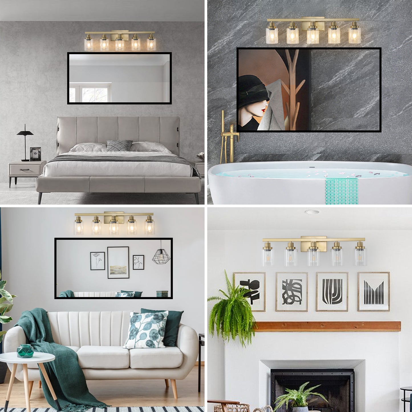 Brushed gold vanity light with five clear glass shades ideal for bathroom mirrors
