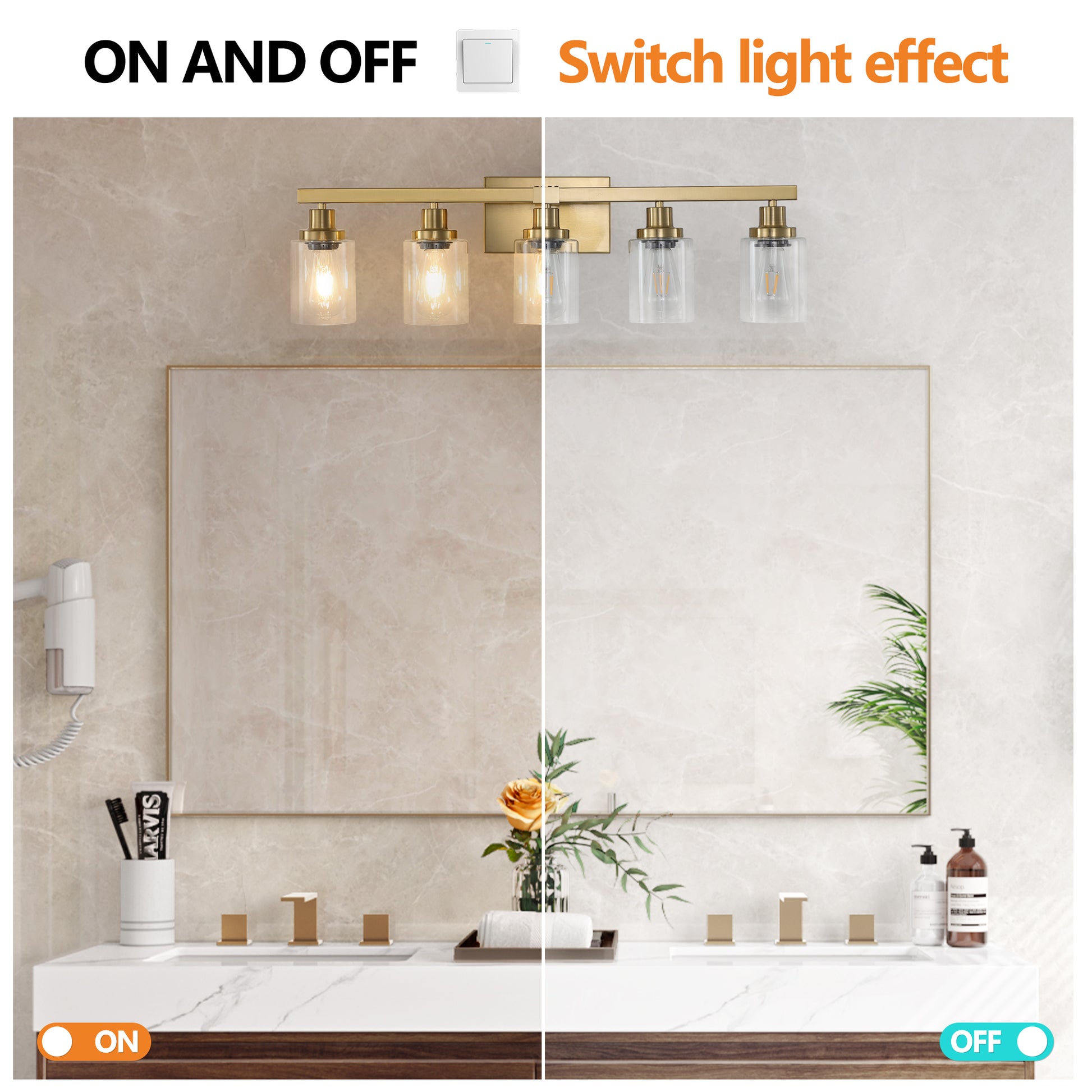 Brushed gold vanity light with four glass shades showing ONOFF light effect comparison