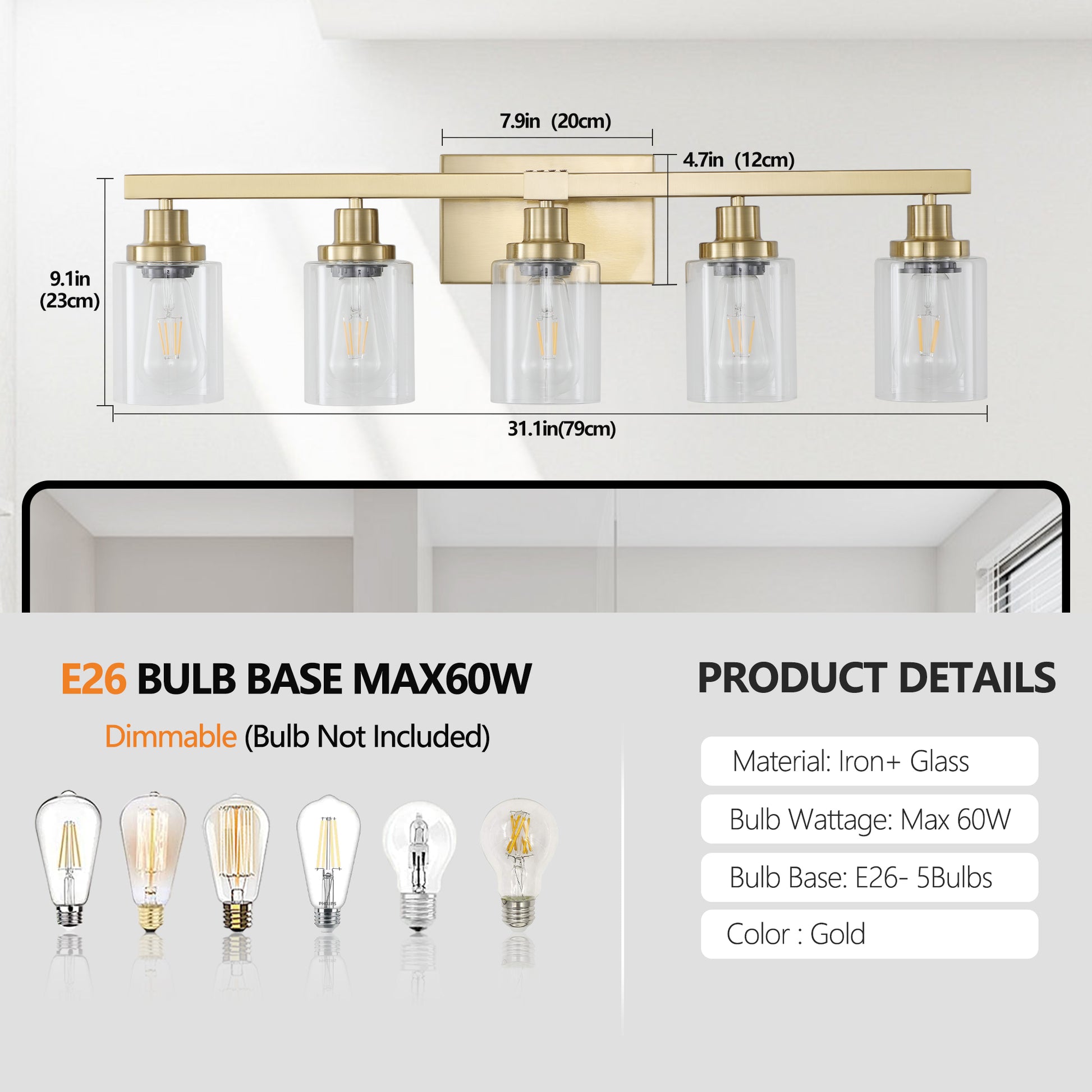 Gold vanity light fixture with five clear glass shades and brass accents perfect for bathrooms