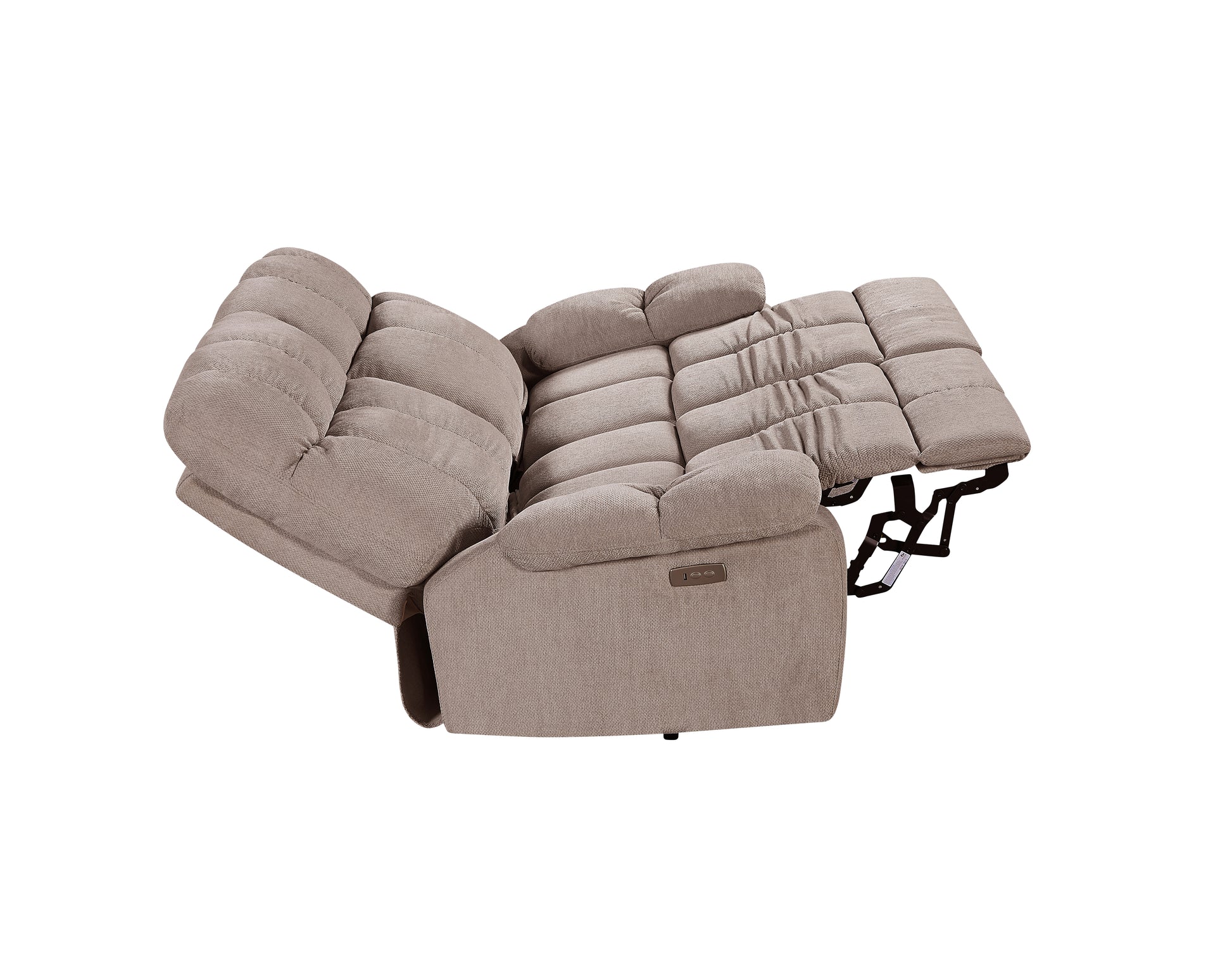 Taupe fabric power recliner chair with tufted back and adjustable headrest