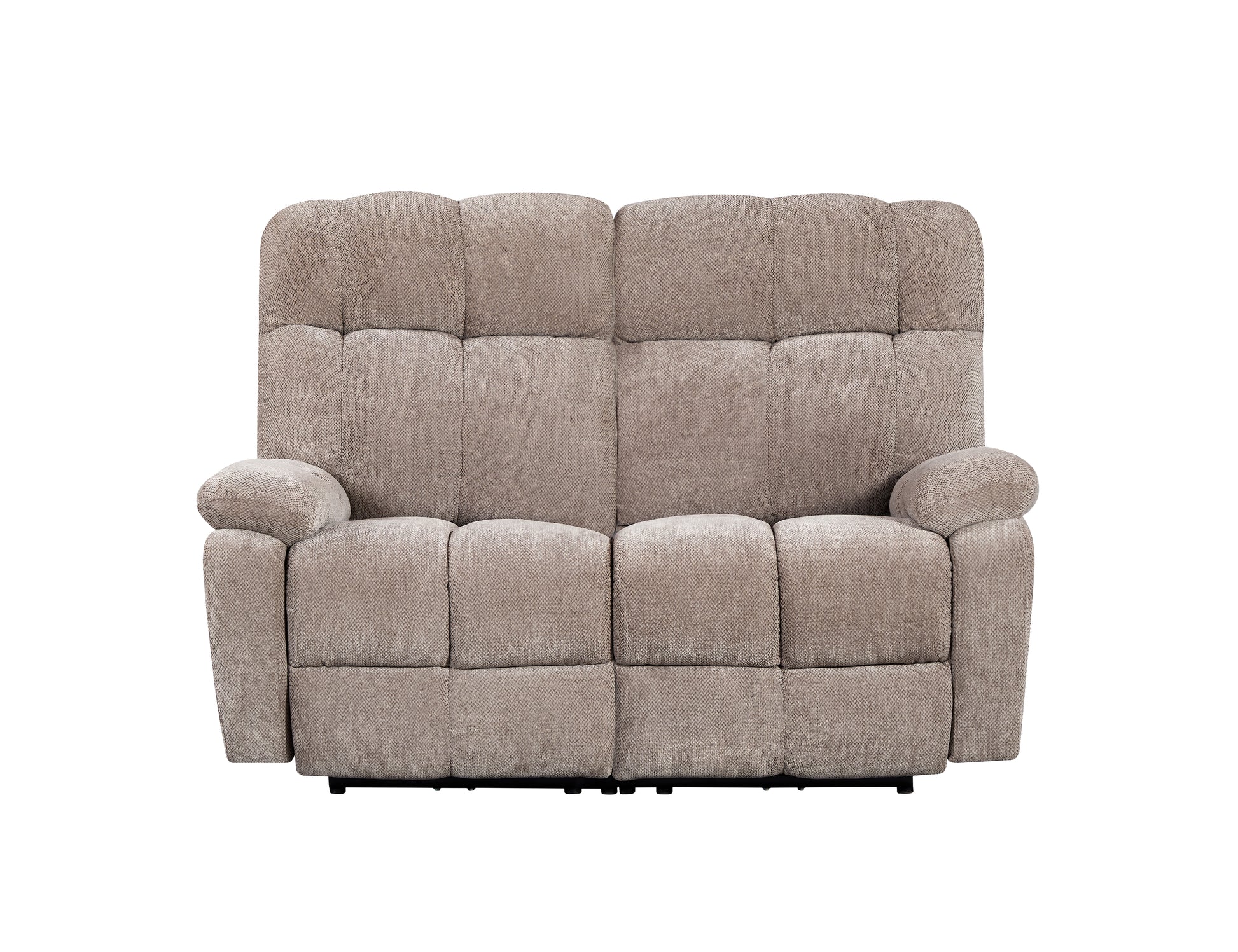 Taupe upholstered loveseat recliner with plush seat cushions and padded arms