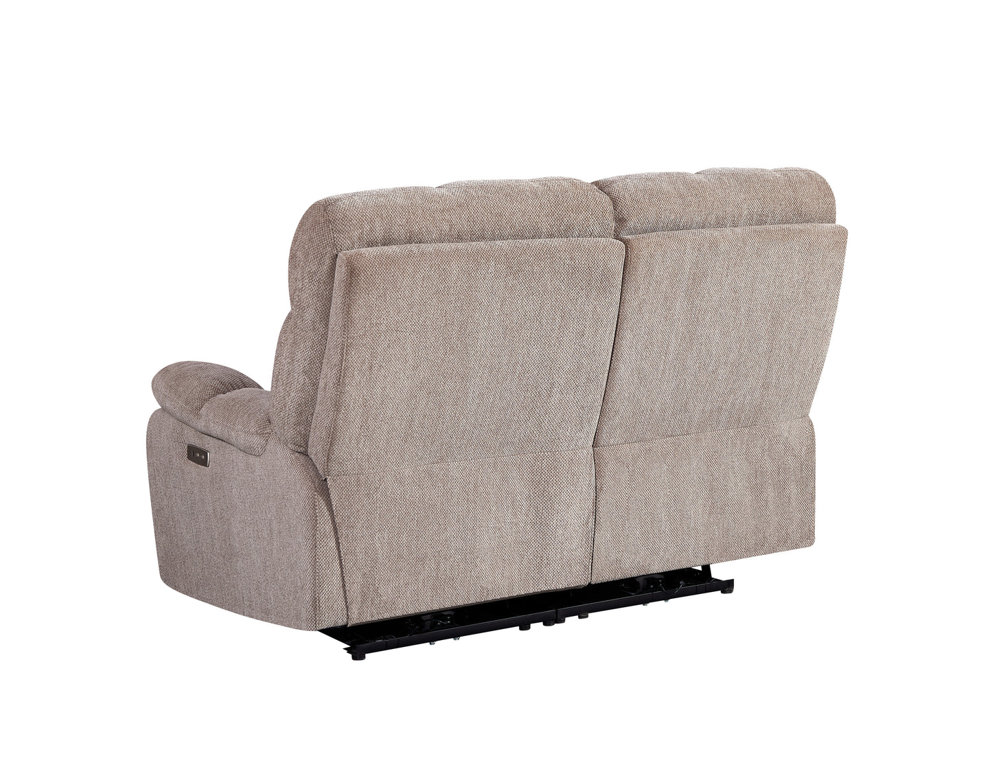 Tan upholstered power recliner sofa back view with plush cushioning and metal base
