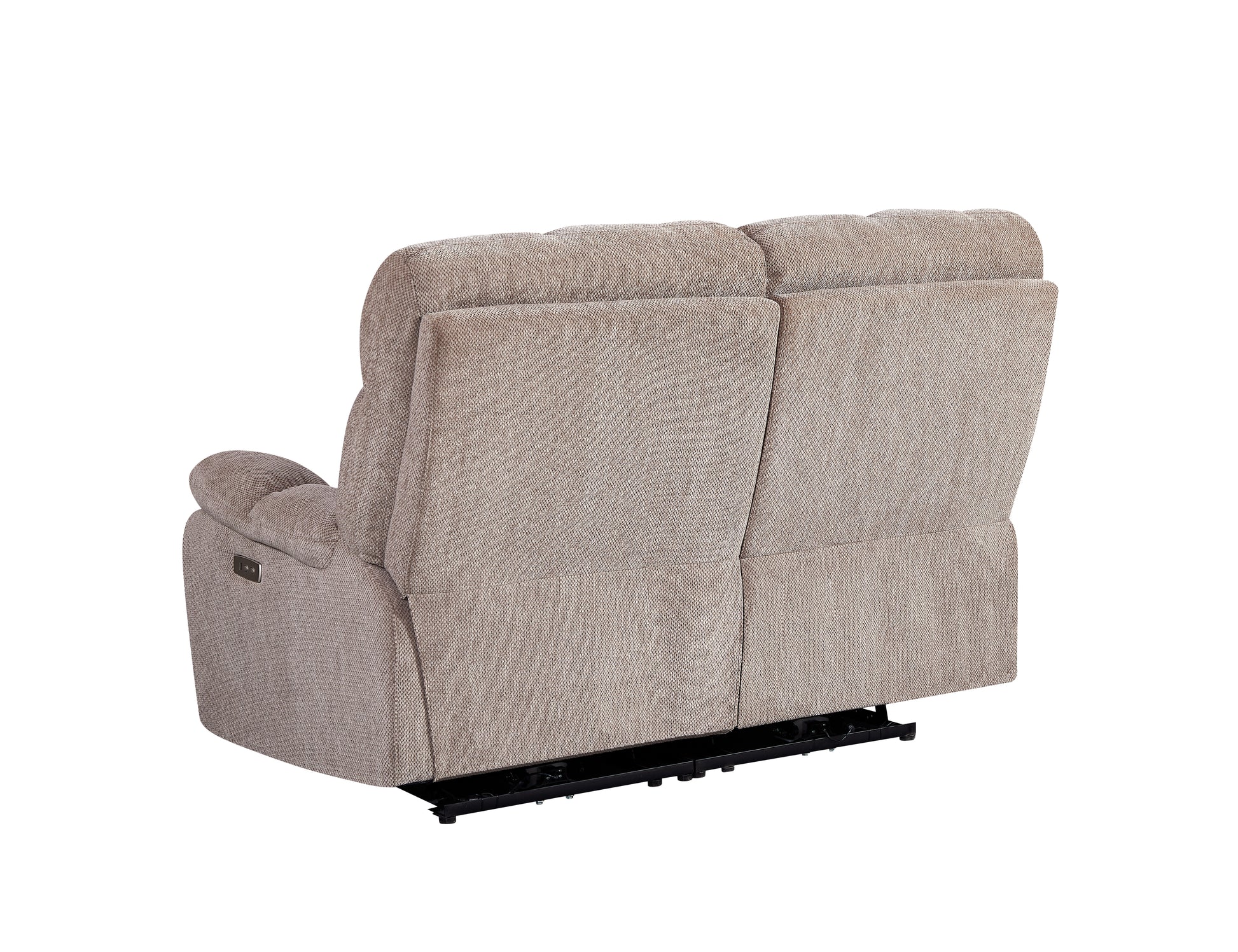 Tan upholstered power recliner sofa back view with plush cushioning and metal base