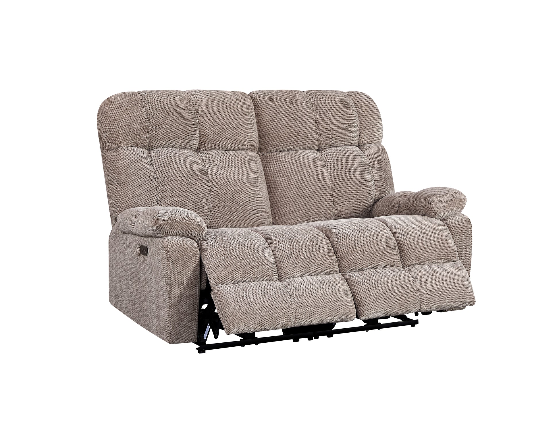 Plush taupe fabric loveseat recliner with plush padded arms and a tufted seat