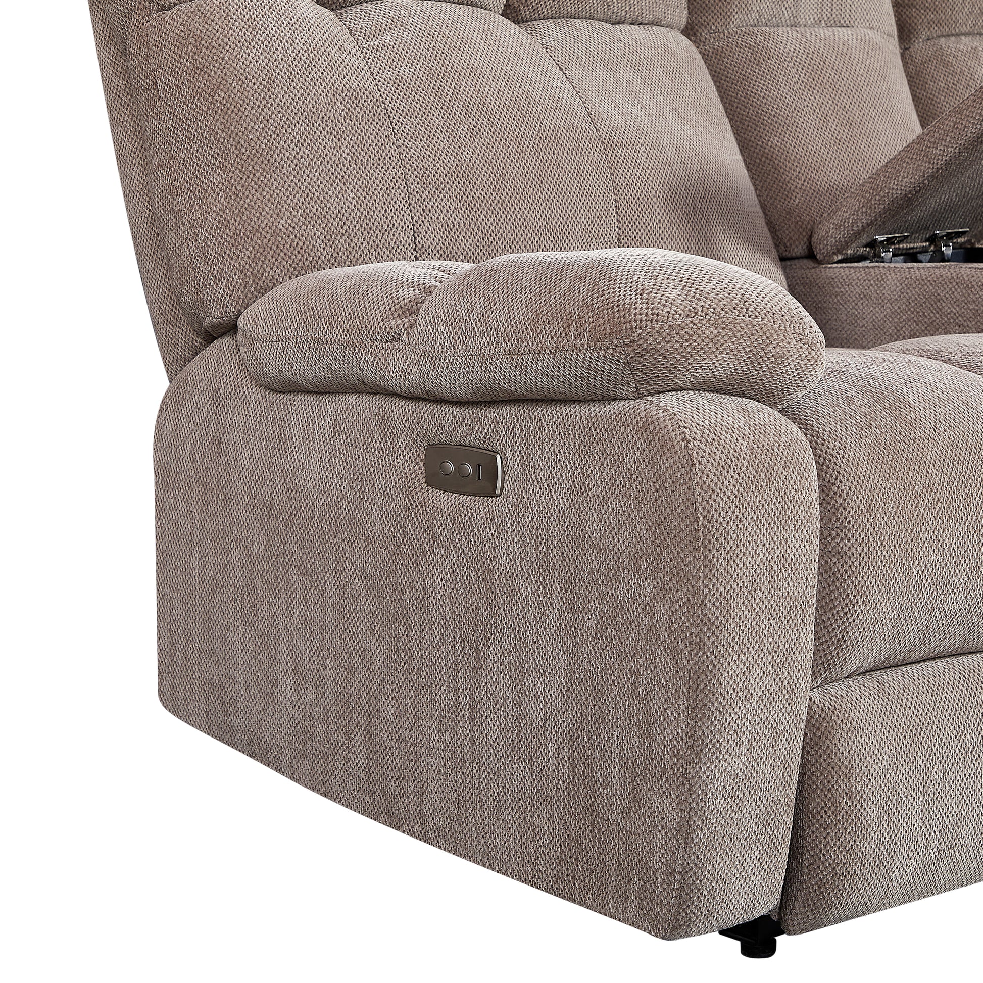 Brown fabric recliner armchair closeup with power control panel