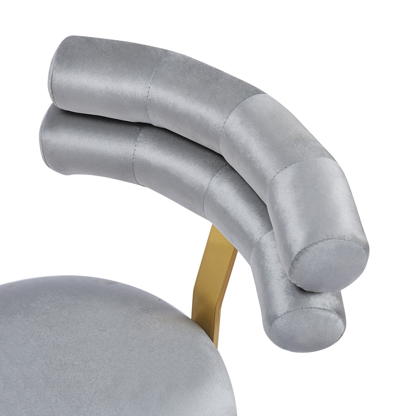 Plush grey velvet accent chair with a curved doublebackrest and gold metal leg detail