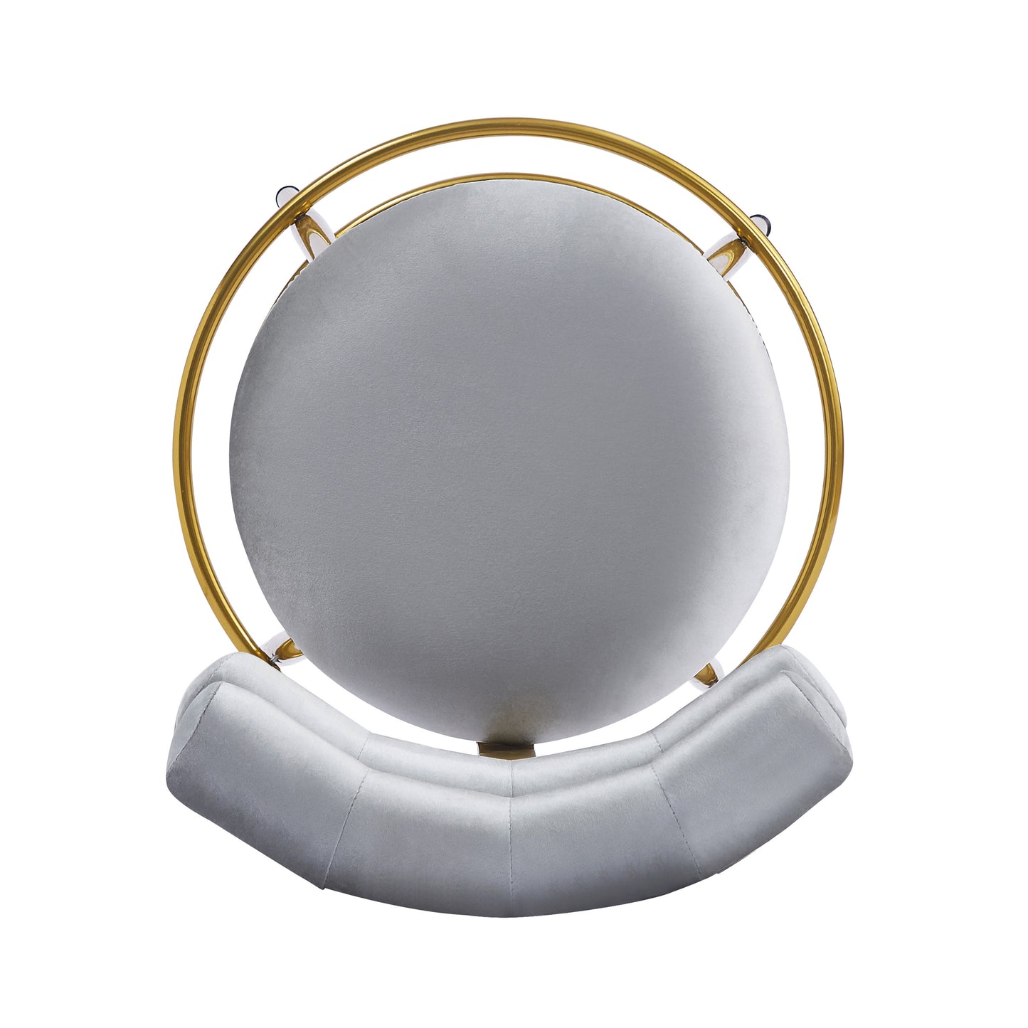 Round grey velvet accent chair with a polished gold metal hoop frame