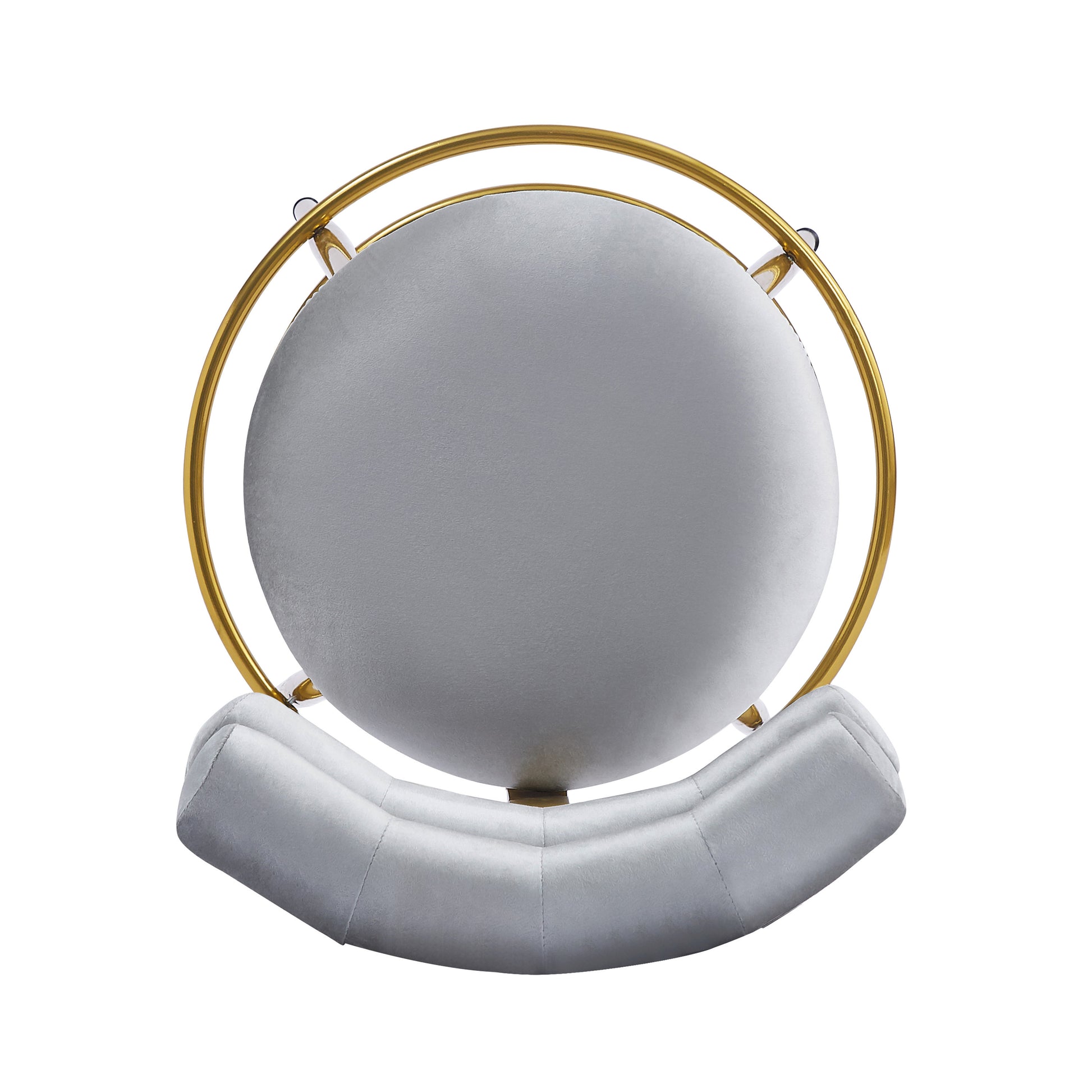 Round grey velvet accent chair with a polished gold metal hoop frame