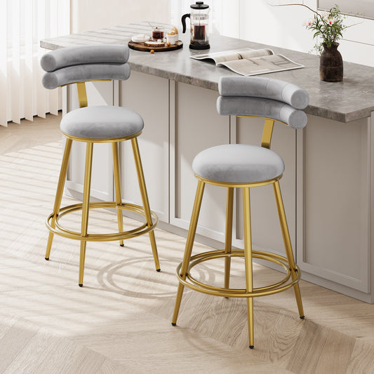 Grey velvet bar stool with gold legs and curved backrest ideal for kitchen islands