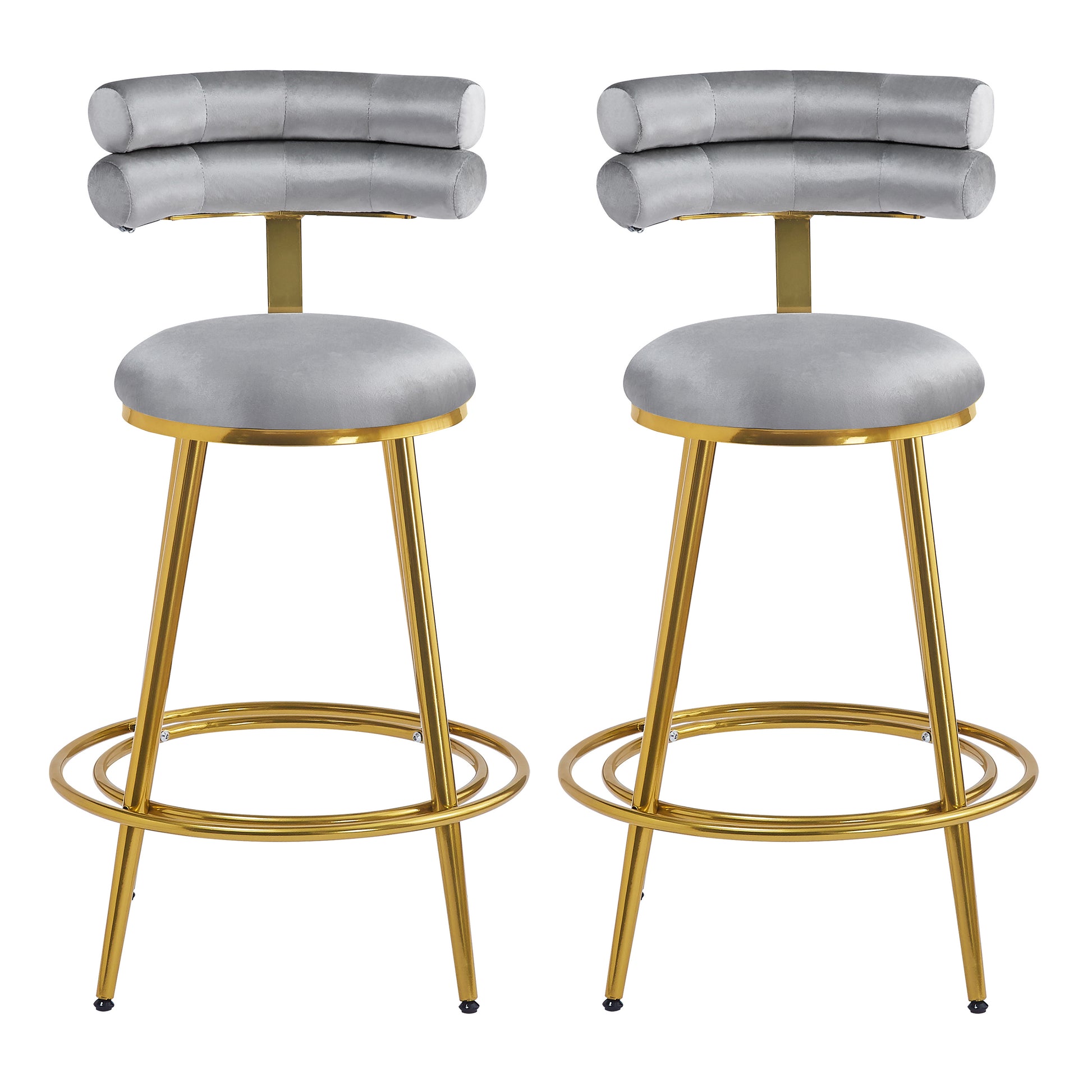 Pair of grey velvet bar stools with gold metal legs and curved backrests perfect for modern kitchens